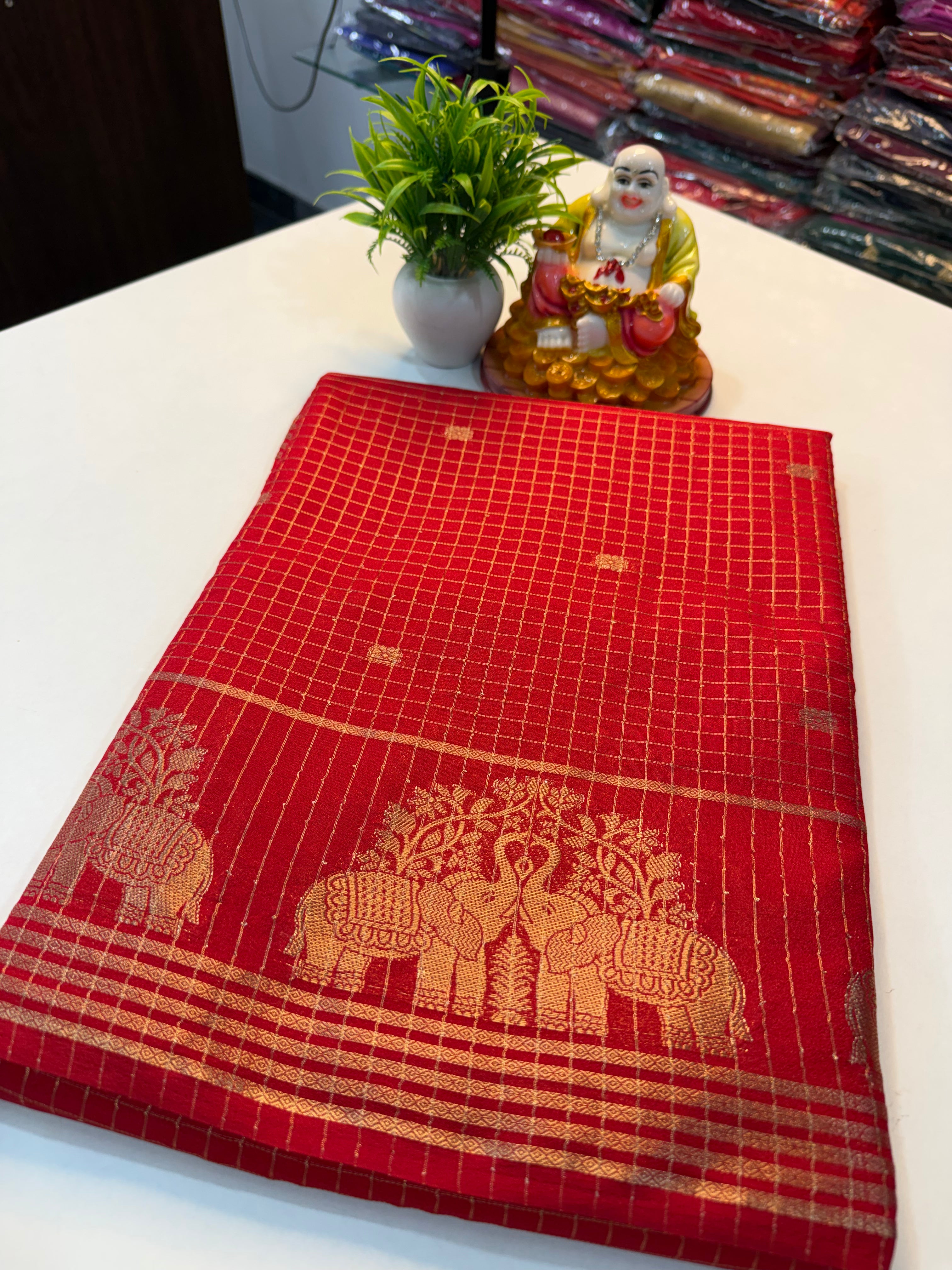 Mysore Crepe Silk Saree with Checks & Buttas | Rich Pallu