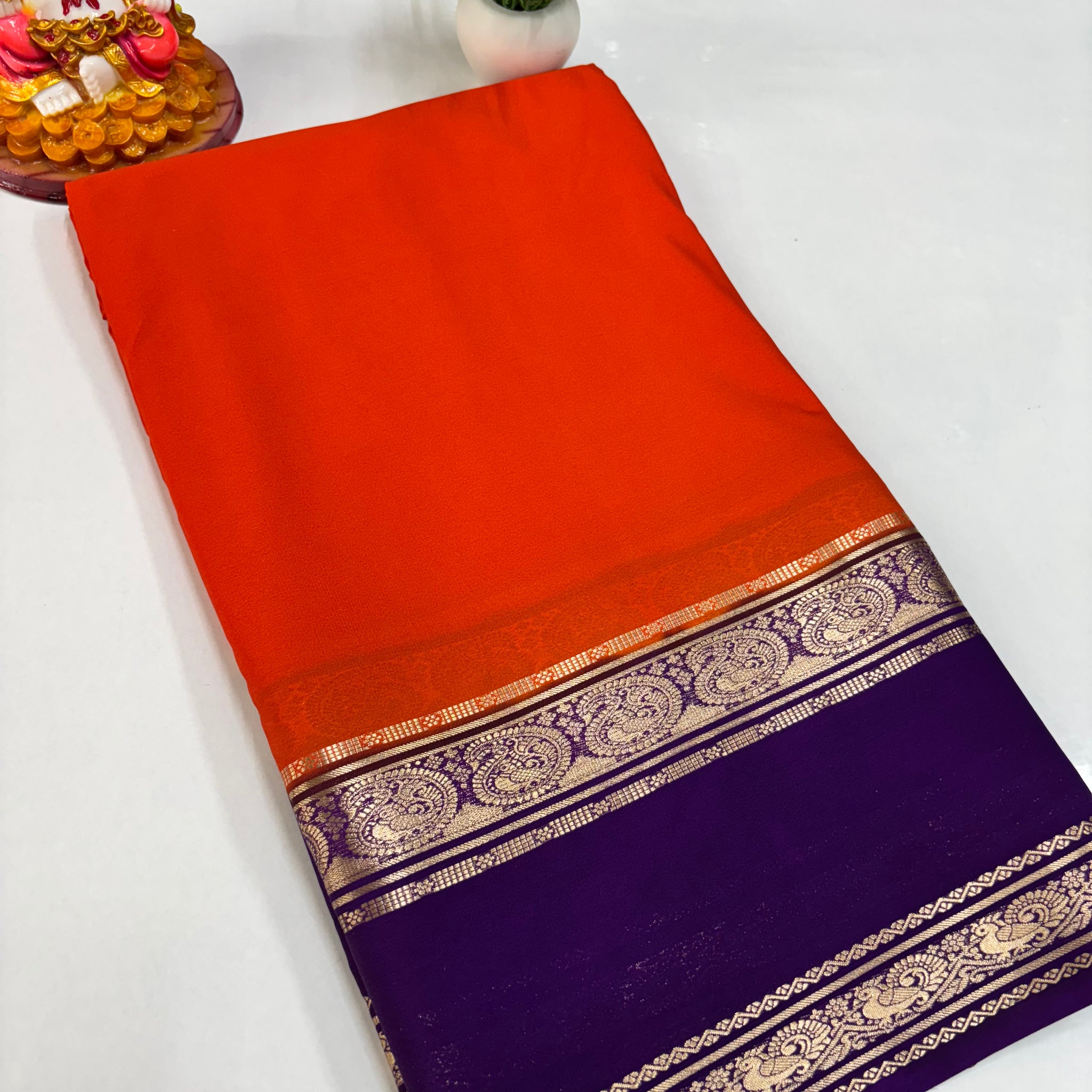 Elegant Semi Crepe Saree with Peacock Design and Contrast Color