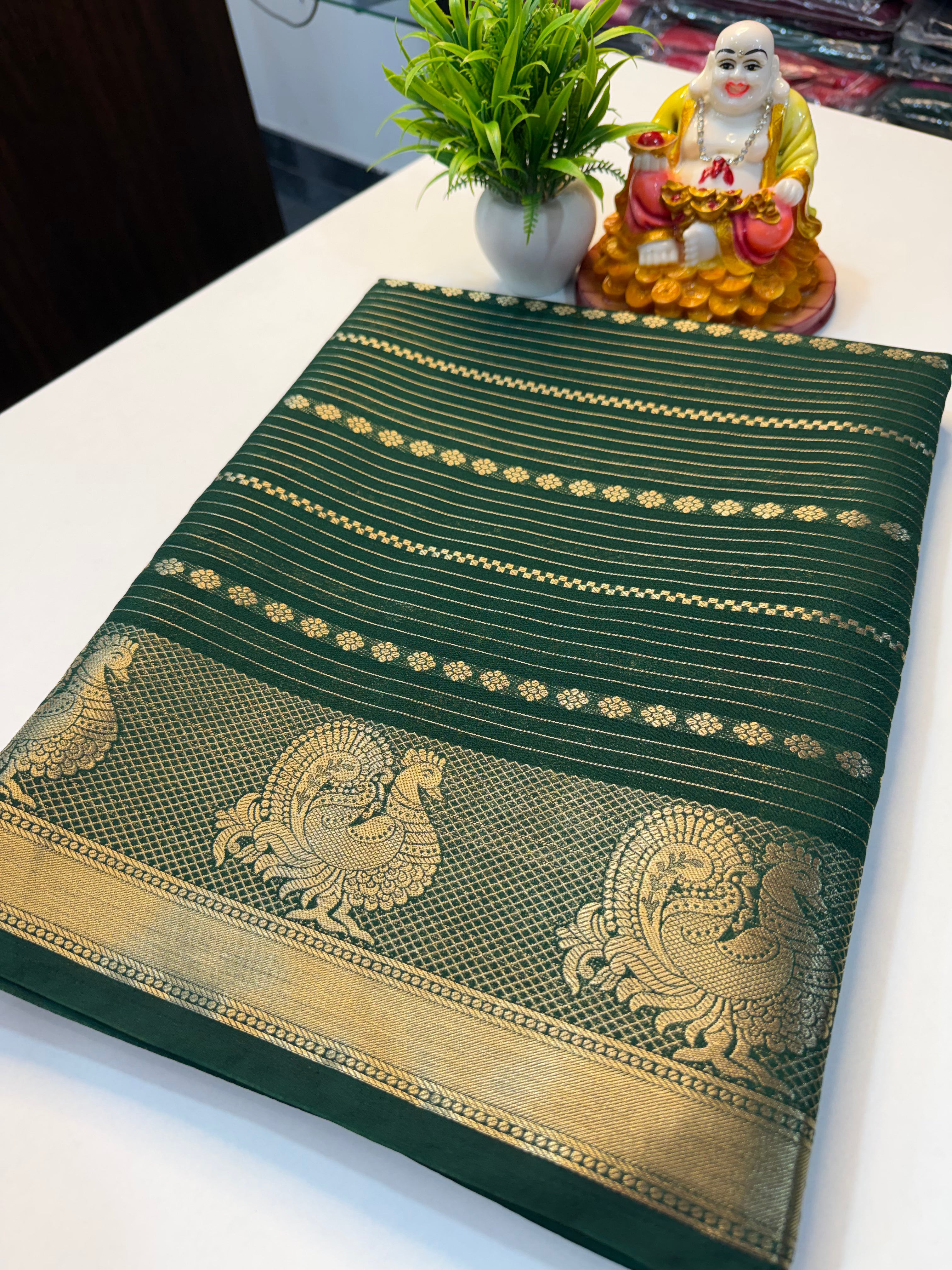 Mysore Crape Silk Saree with Peacock Border & Stripes | Padmavathi Silks and Sarees..