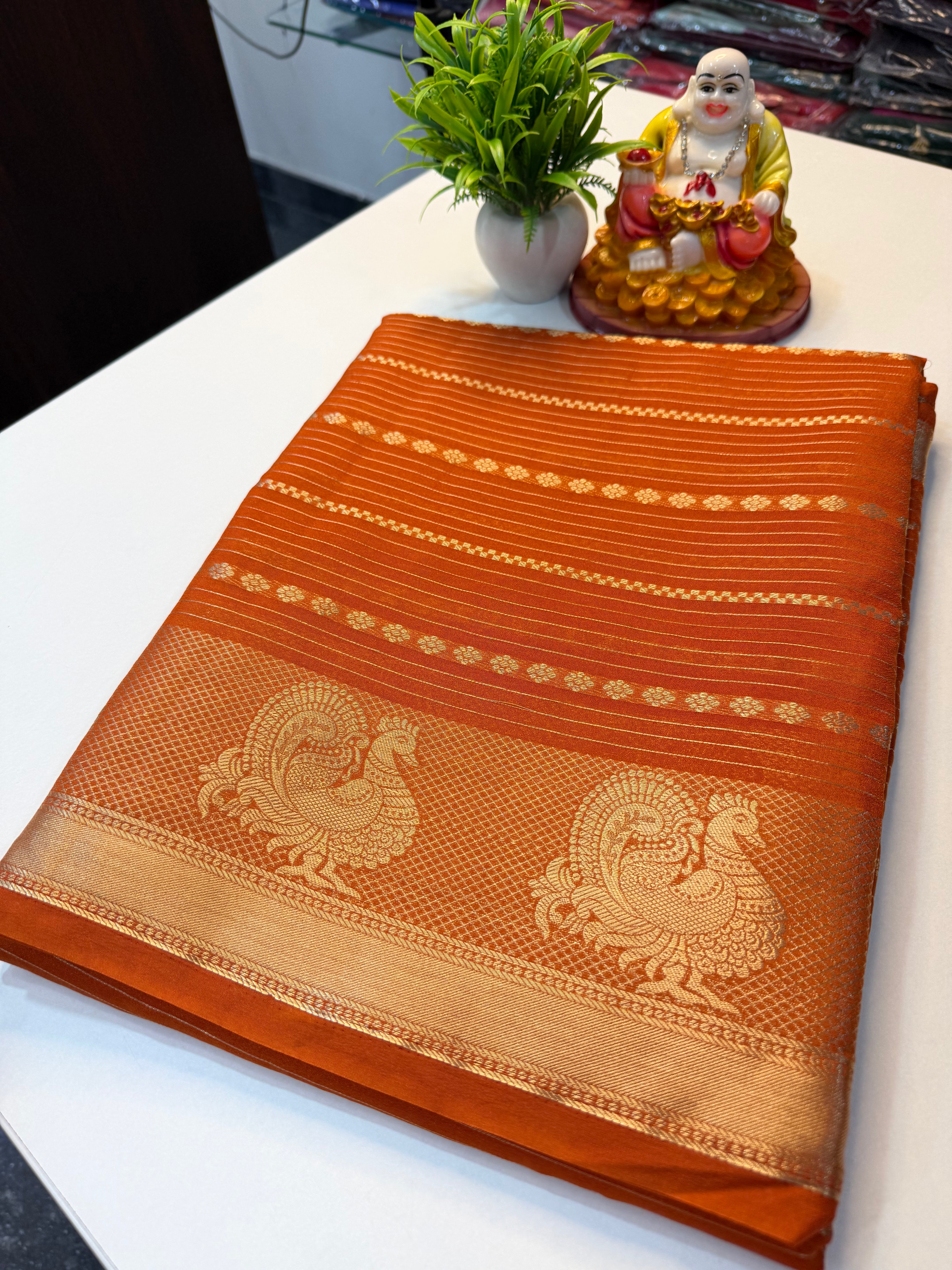 Mysore Crape Silk Saree with Peacock Border & Stripes | Padmavathi Silks and Sarees..