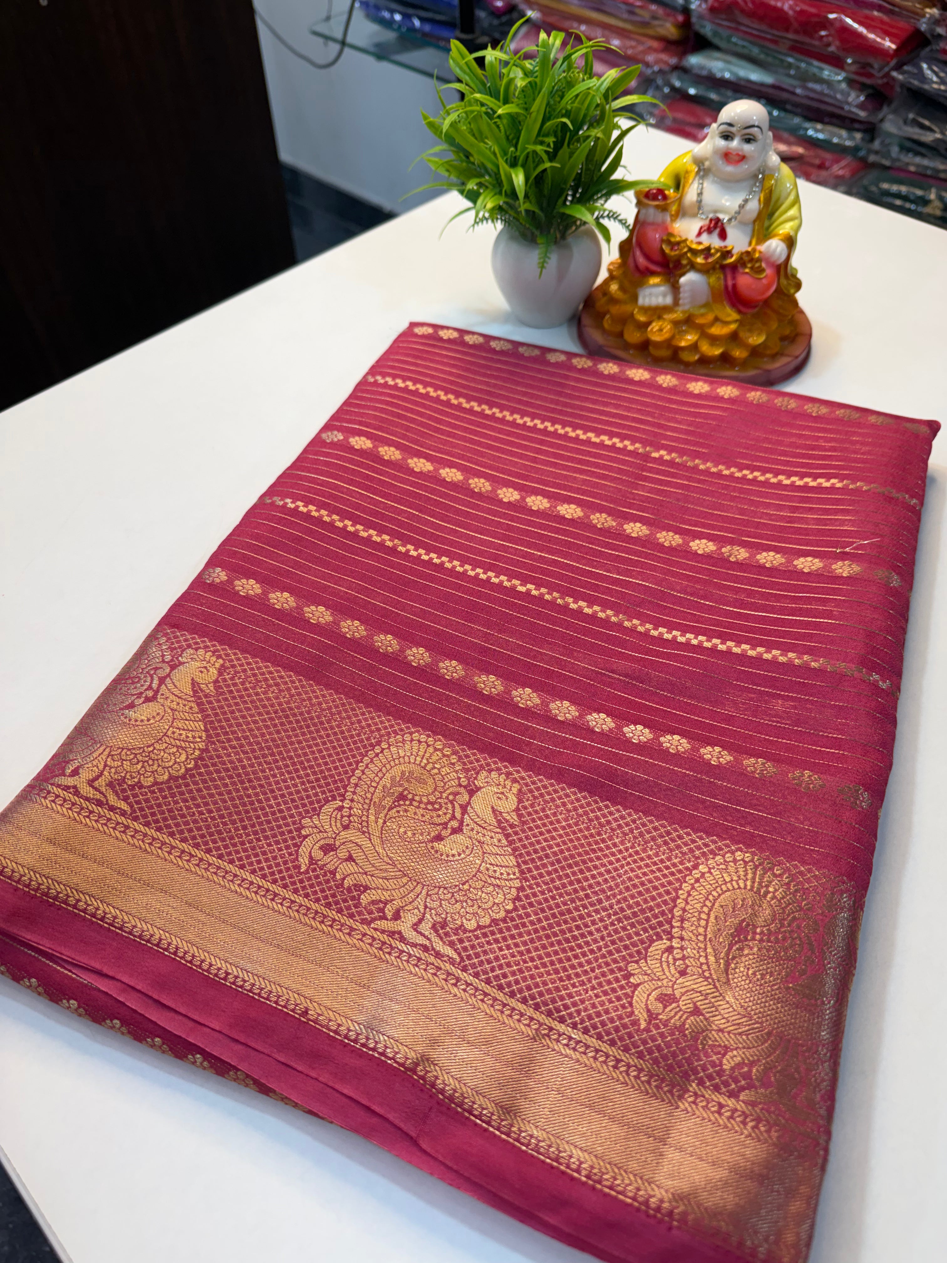 Mysore Crape Silk Saree with Peacock Border & Stripes | Padmavathi Silks and Sarees..