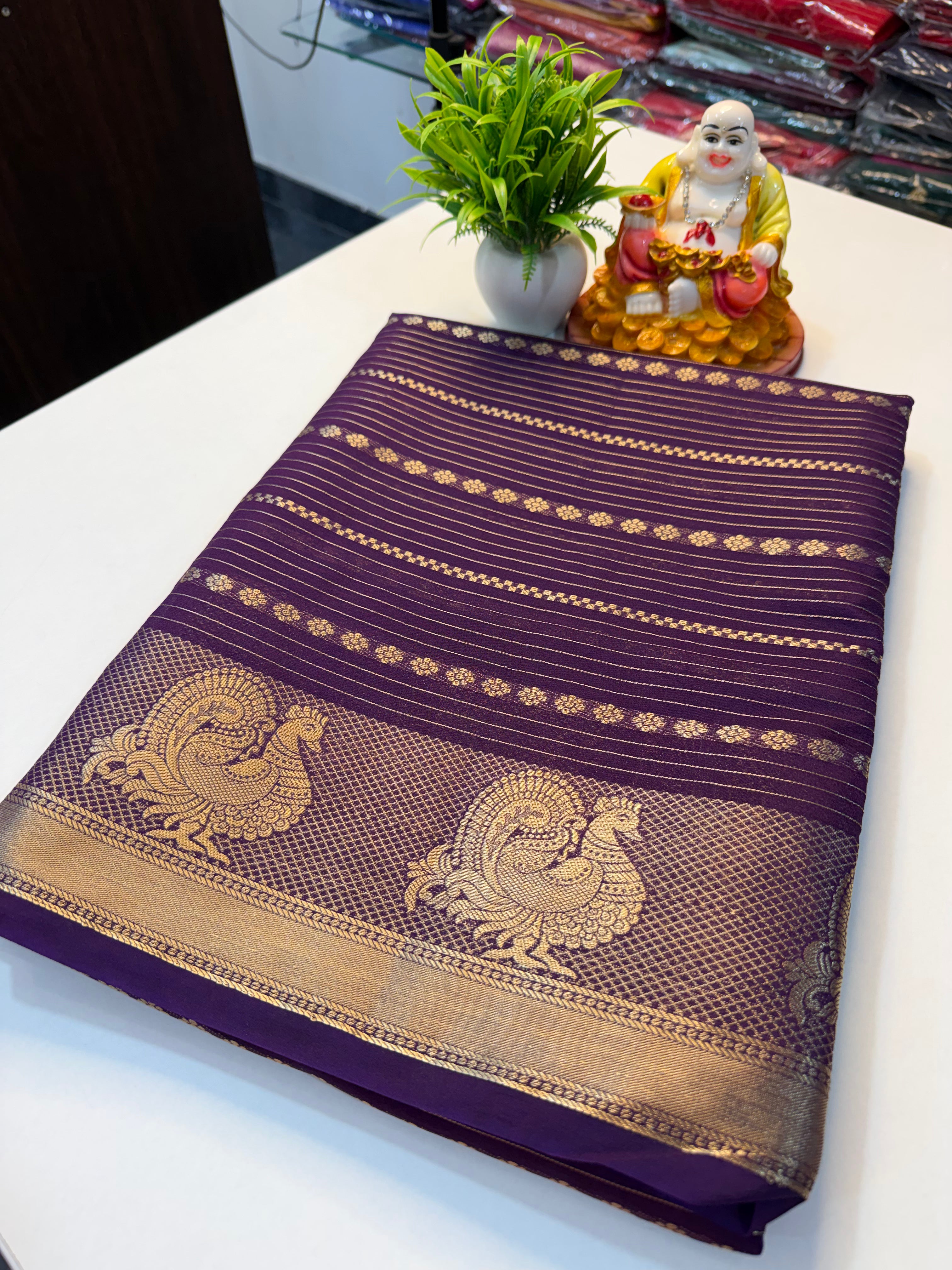 Mysore Crape Silk Saree with Peacock Border & Stripes | Padmavathi Silks and Sarees..