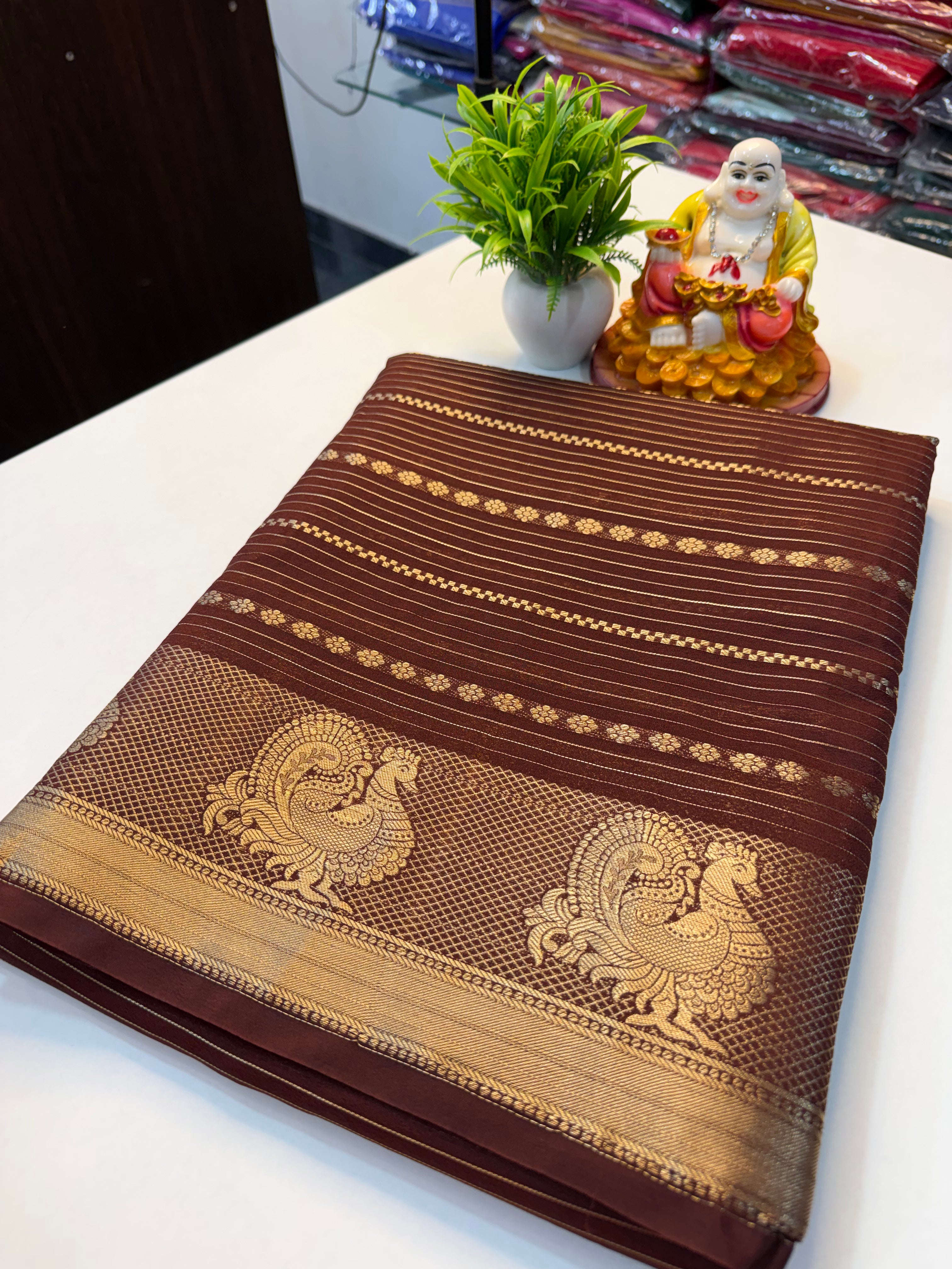 Mysore Crape Silk Saree with Peacock Border & Stripes | Padmavathi Silks and Sarees..
