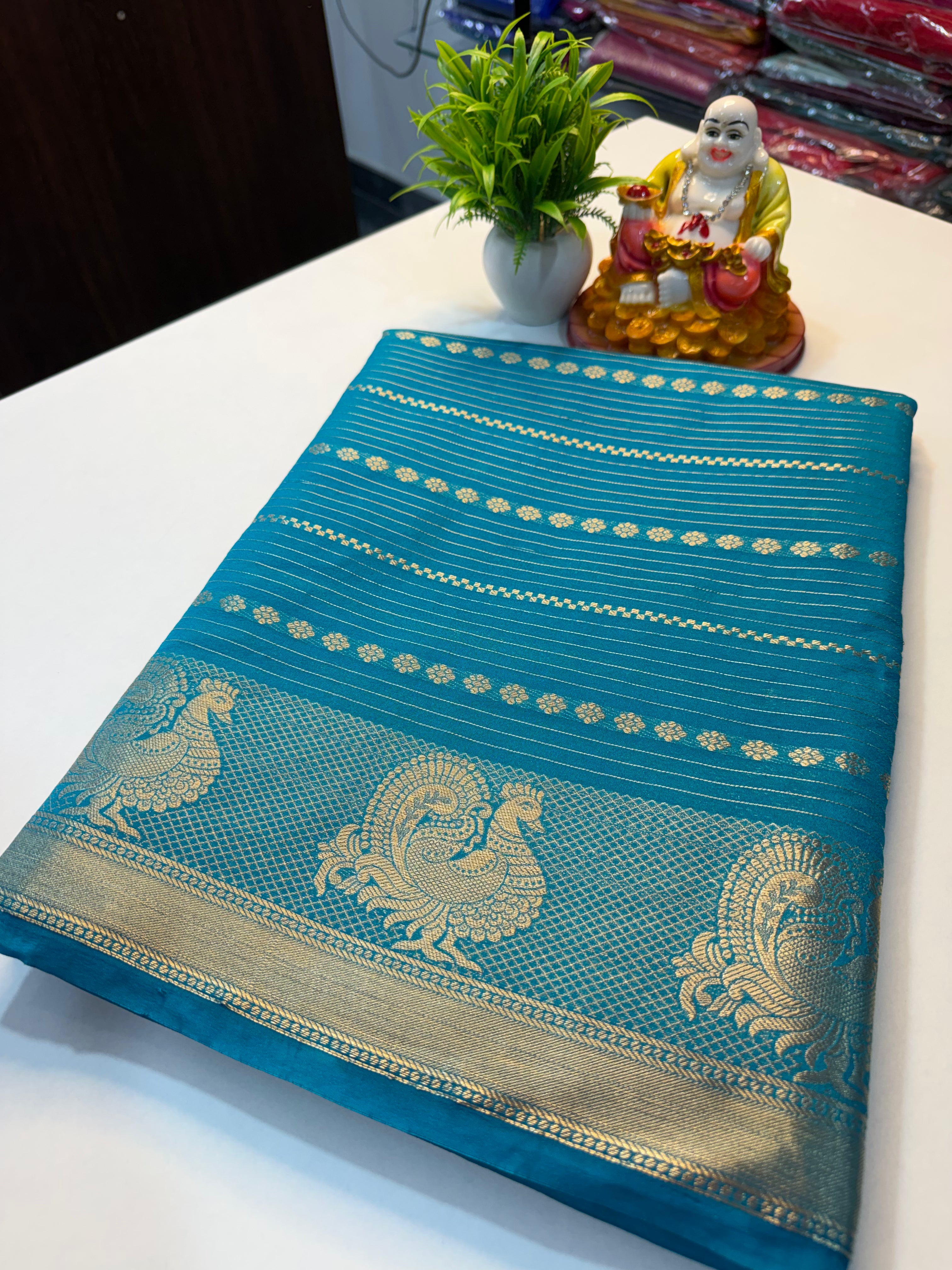 Mysore Crape Silk Saree with Peacock Border & Stripes | Padmavathi Silks and Sarees..