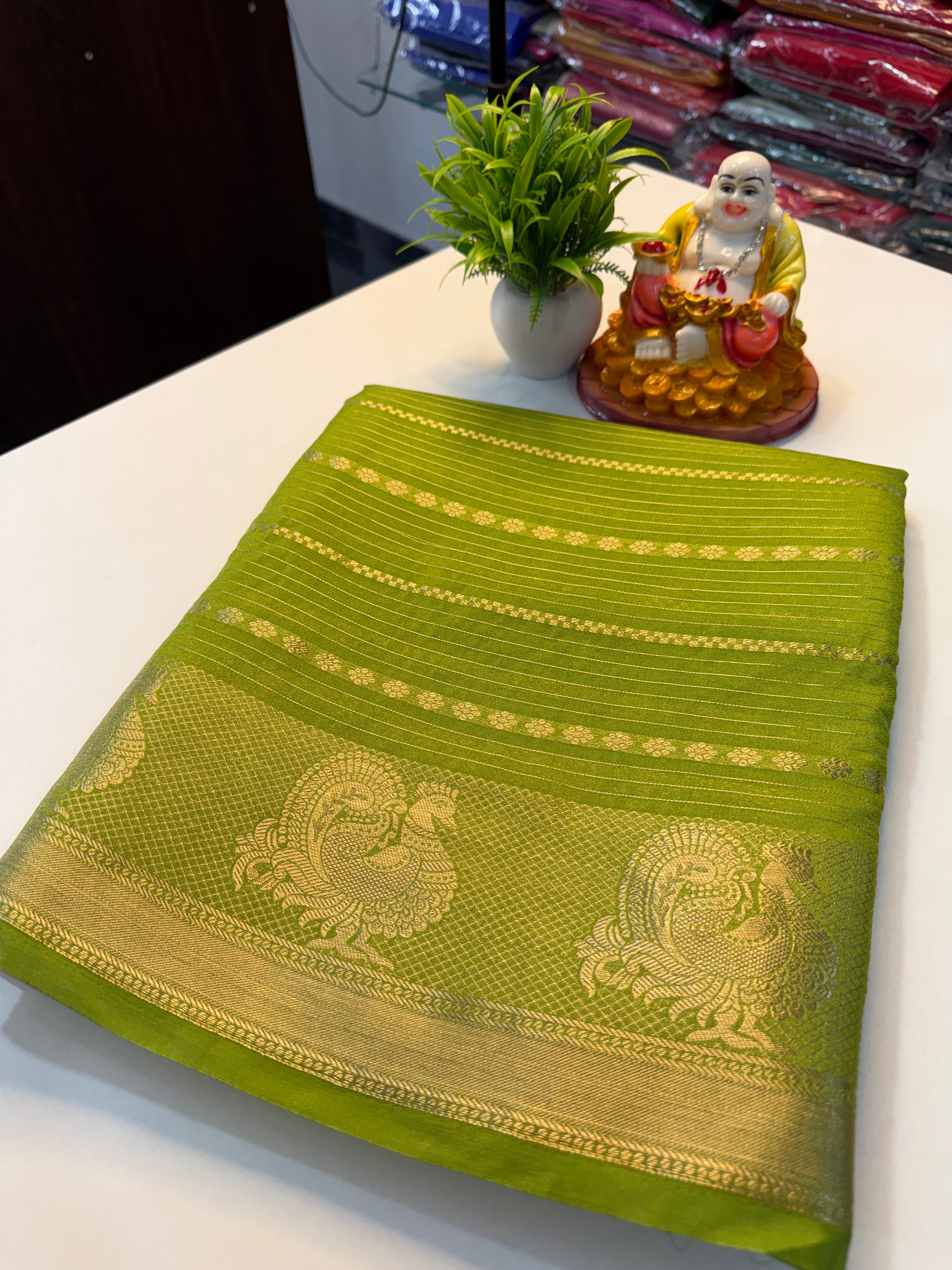 Mysore Crape Silk Saree with Peacock Border & Stripes | Padmavathi Silks and Sarees..