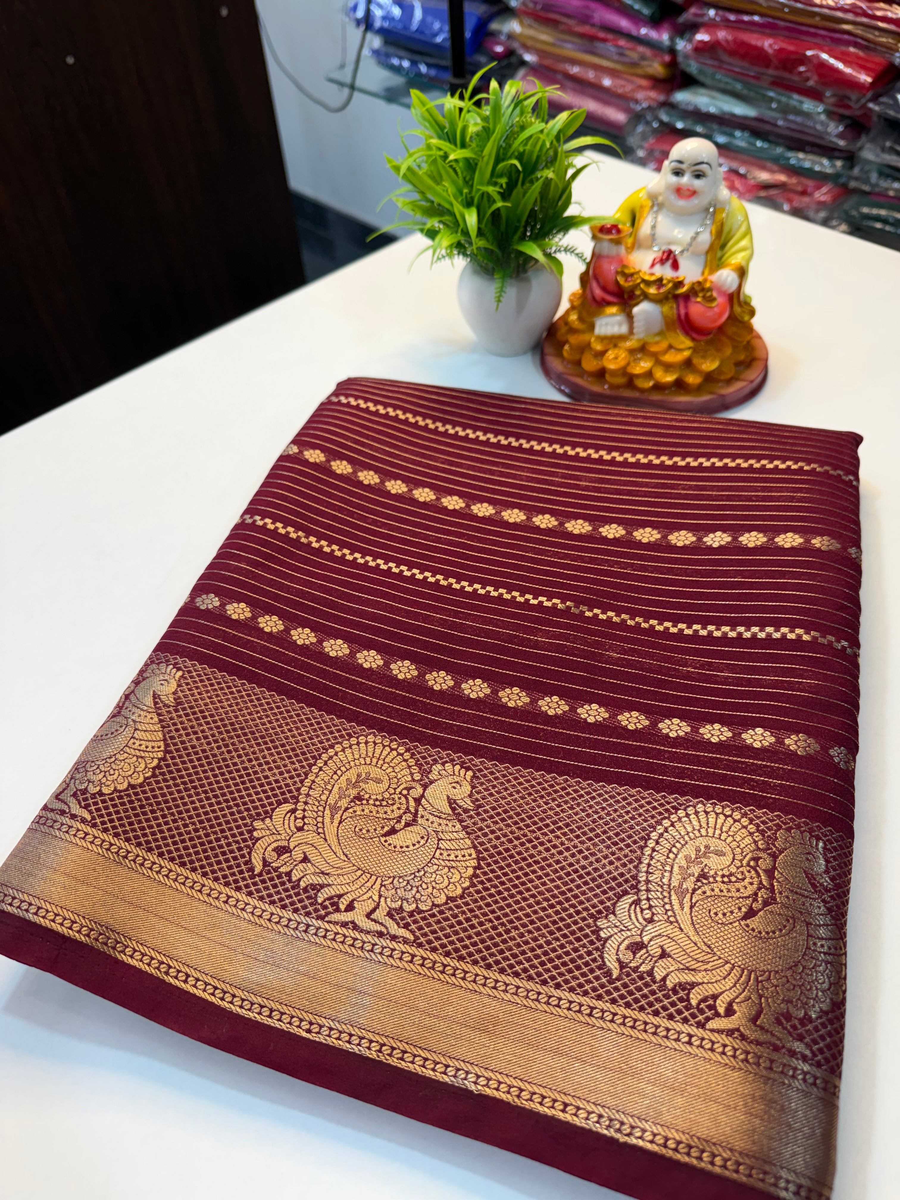 Mysore Crape Silk Saree with Peacock Border & Stripes | Padmavathi Silks and Sarees..