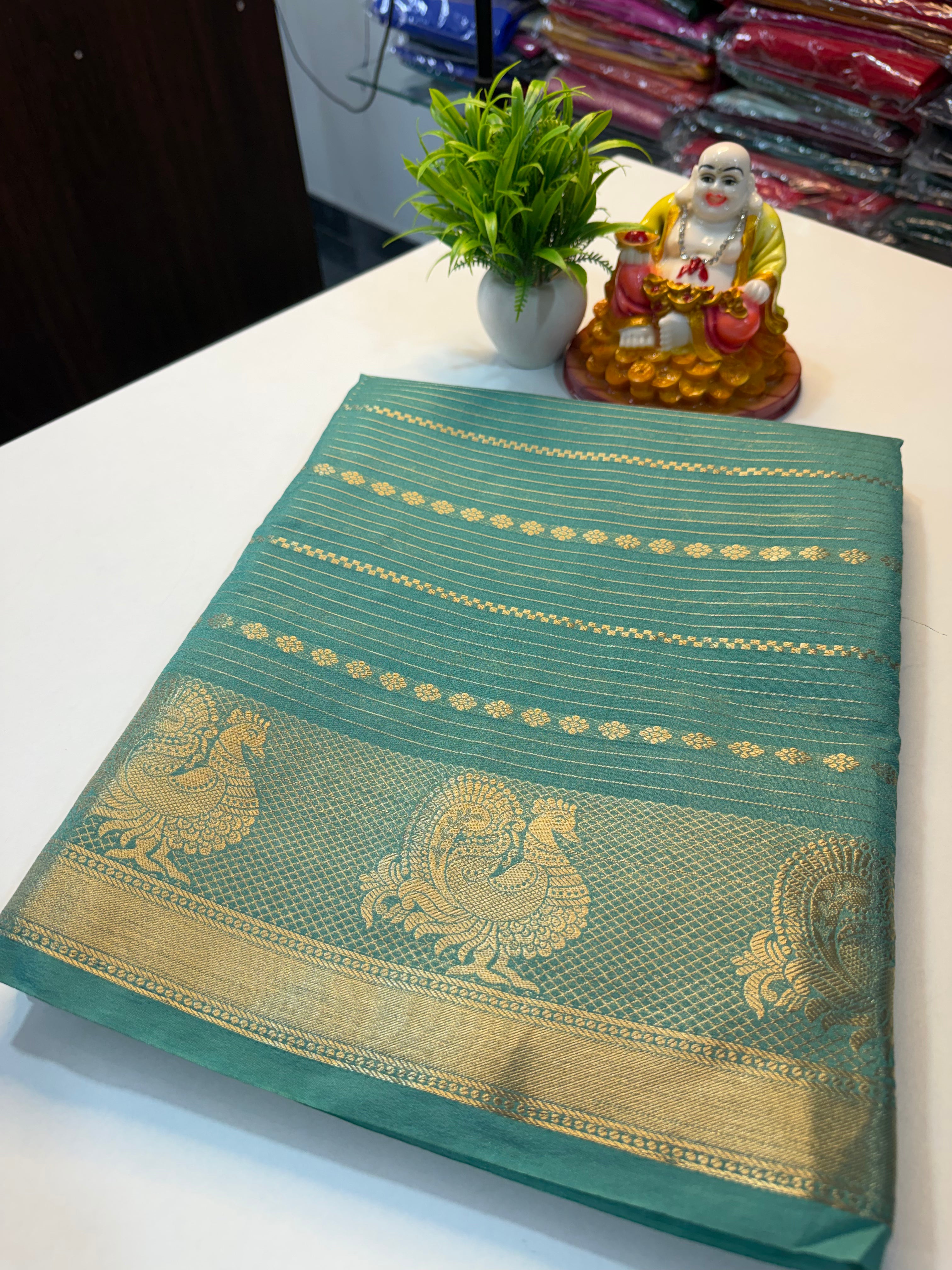 Mysore Crape Silk Saree with Peacock Border & Stripes | Padmavathi Silks and Sarees..