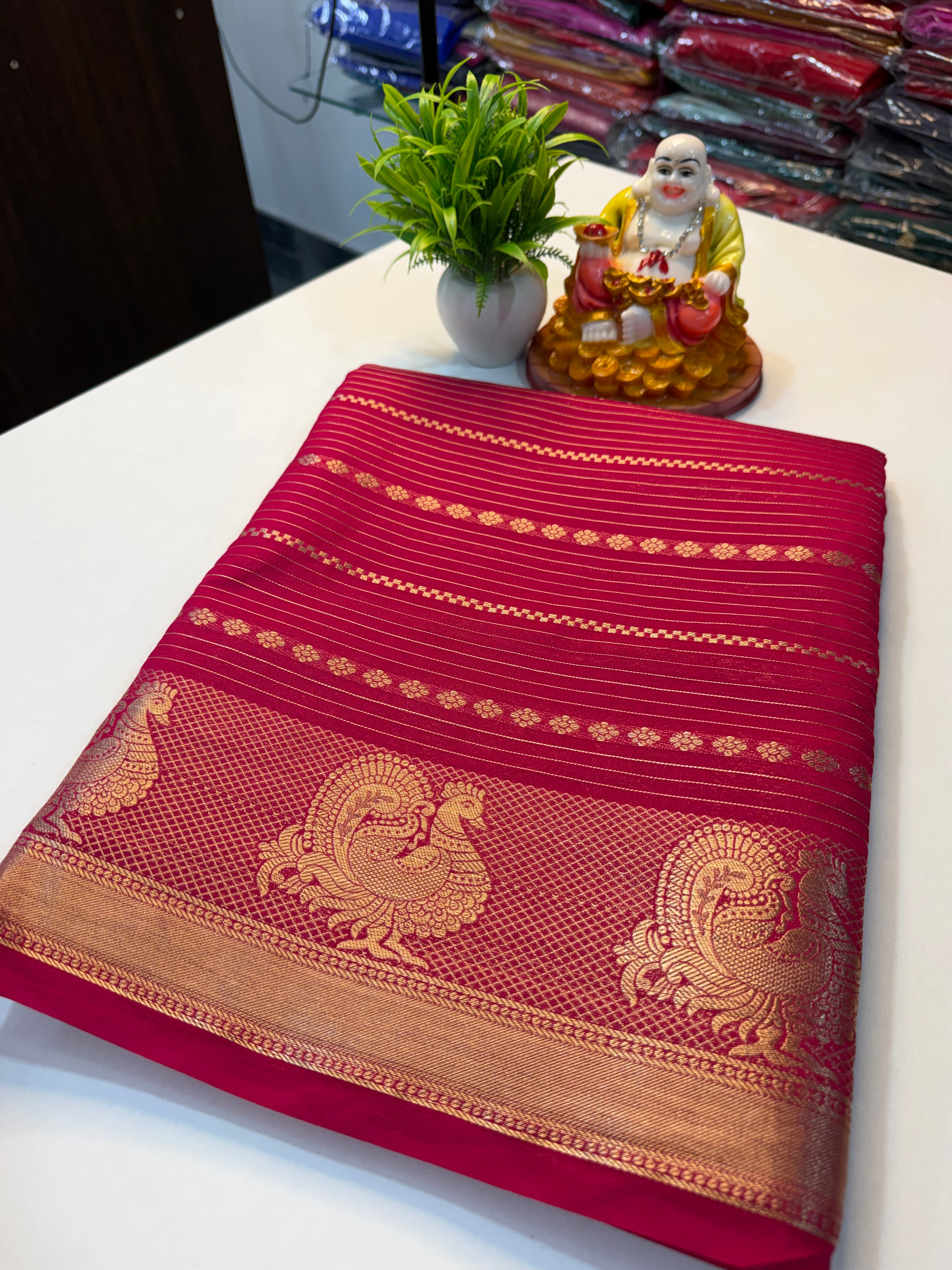 Mysore Crape Silk Saree with Peacock Border & Stripes | Padmavathi Silks and Sarees..