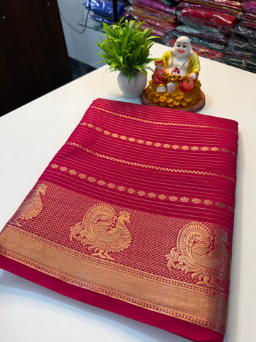 Mysore Crape Silk Saree with Peacock Border & Stripes | Padmavathi Silks and Sarees..