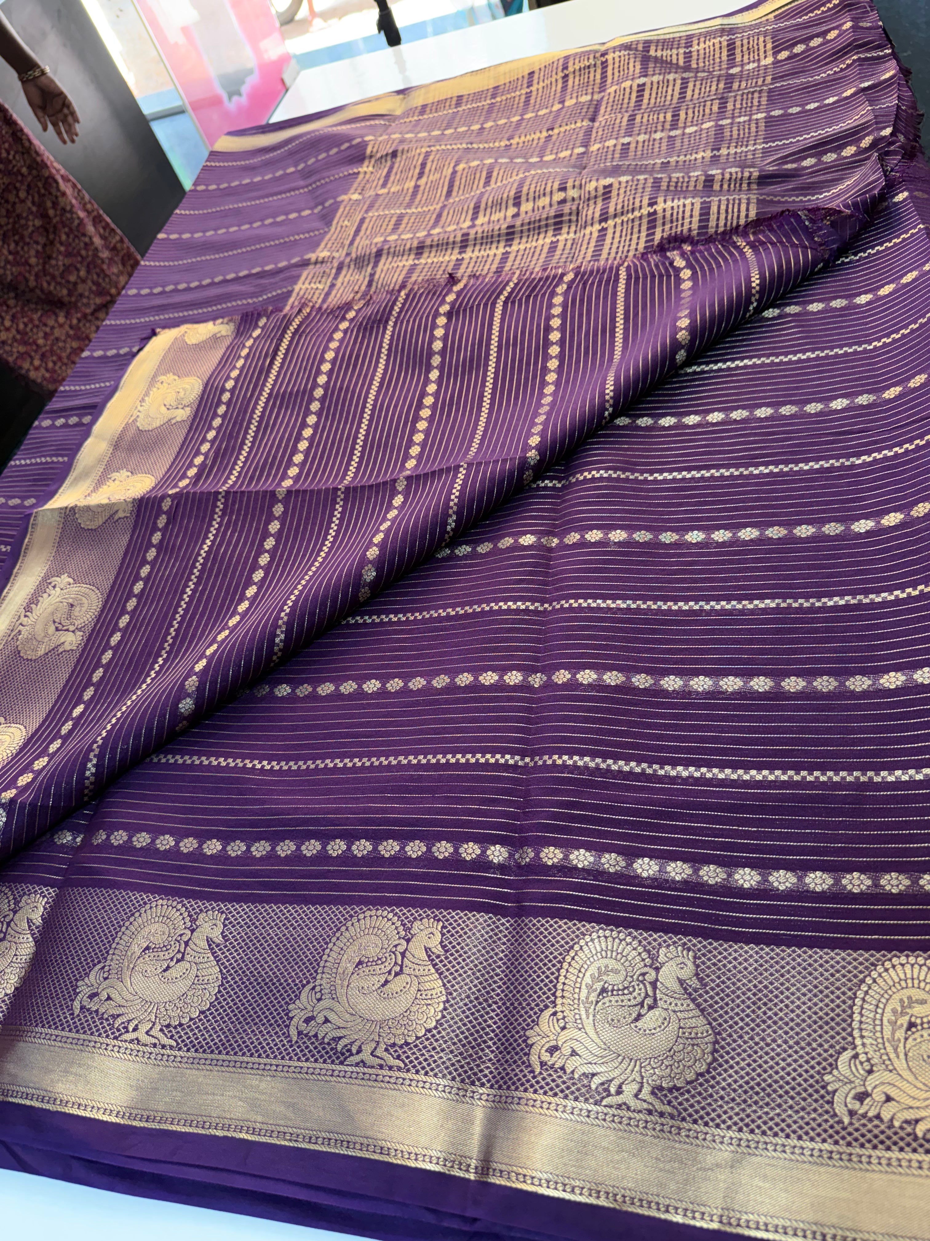 Mysore Crape Silk Saree with Peacock Border & Stripes | Padmavathi Silks and Sarees..