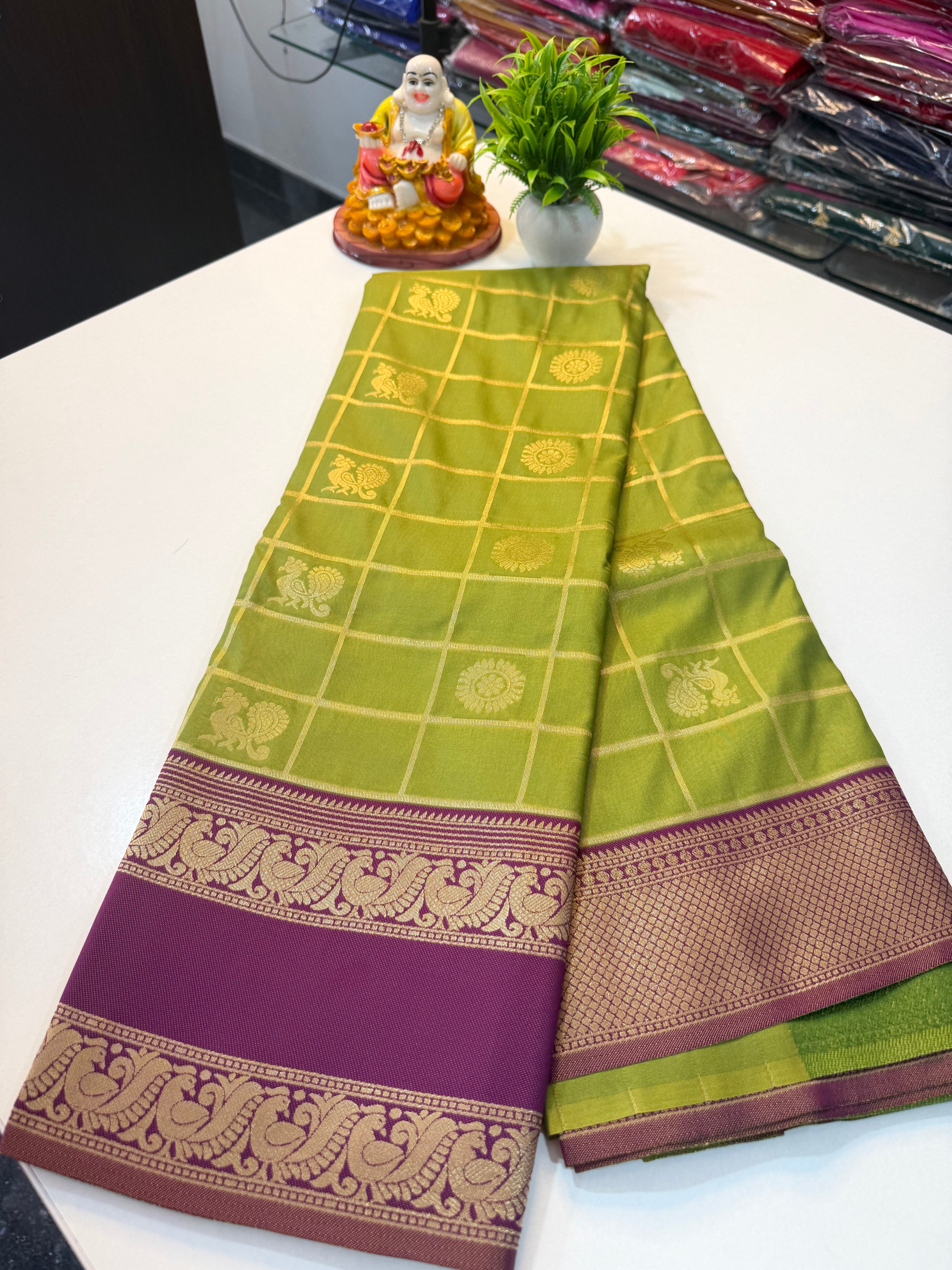 Semi Silk Saree with Checks & Peacock Buttas – Rich Pallu | Padmavathi Silks and Sarees  Product Description: