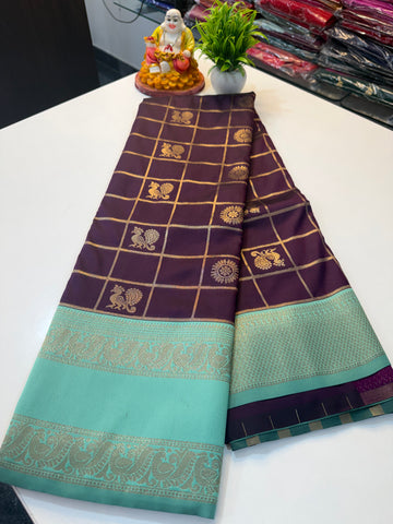 Semi Silk Saree with Checks & Peacock Buttas – Rich Pallu | Padmavathi Silks and Sarees  Product Description: