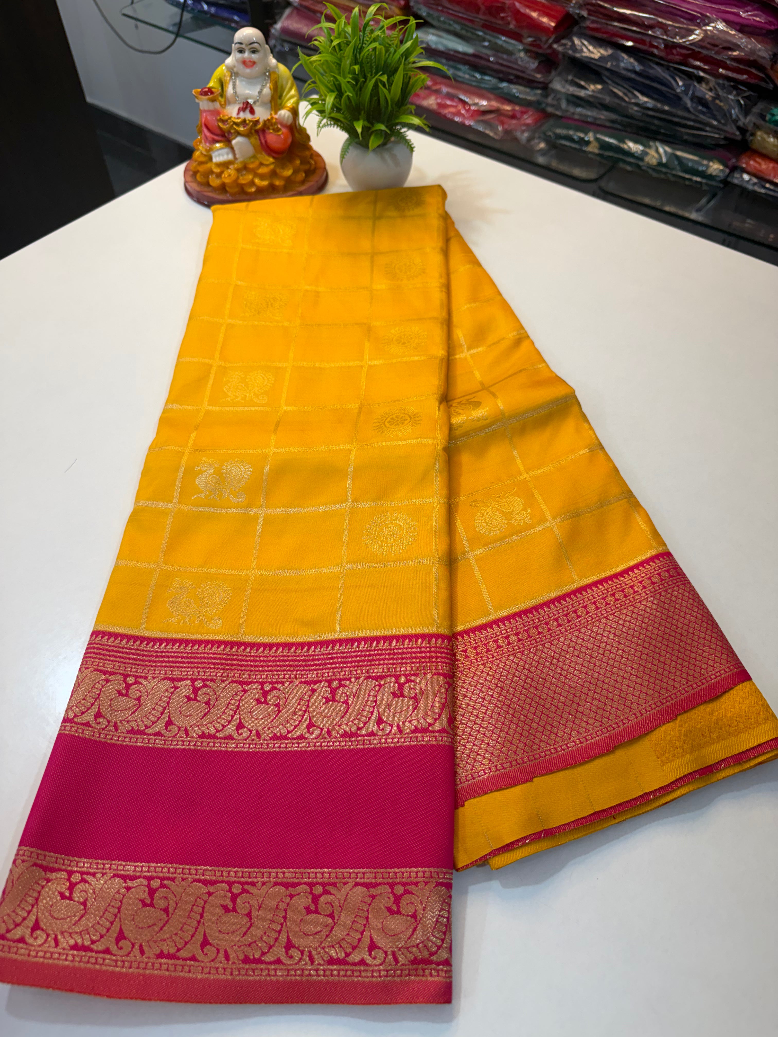 Semi Silk Saree with Checks & Peacock Buttas – Rich Pallu | Padmavathi Silks and Sarees  Product Description: