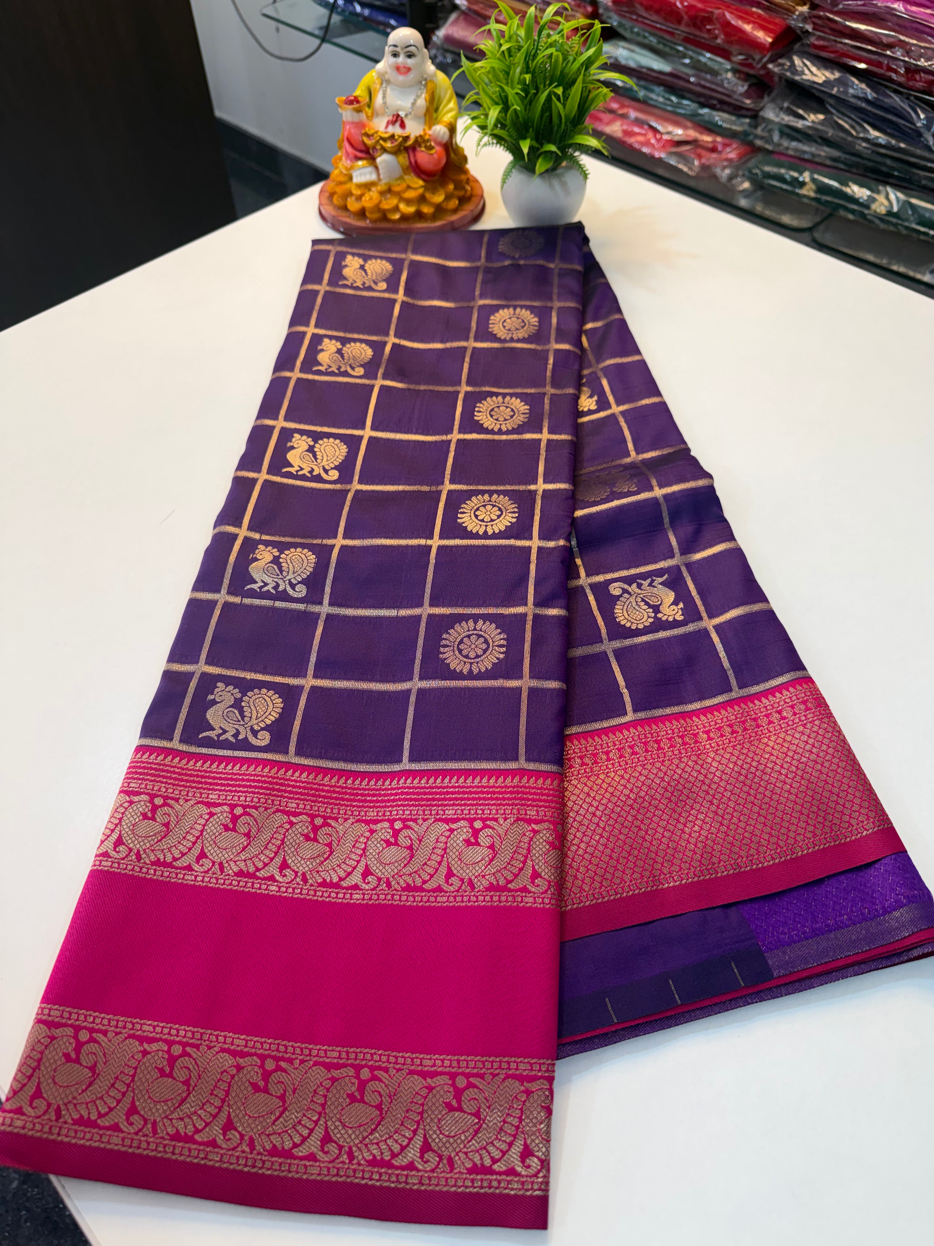 Semi Silk Saree with Checks & Peacock Buttas – Rich Pallu | Padmavathi Silks and Sarees  Product Description: