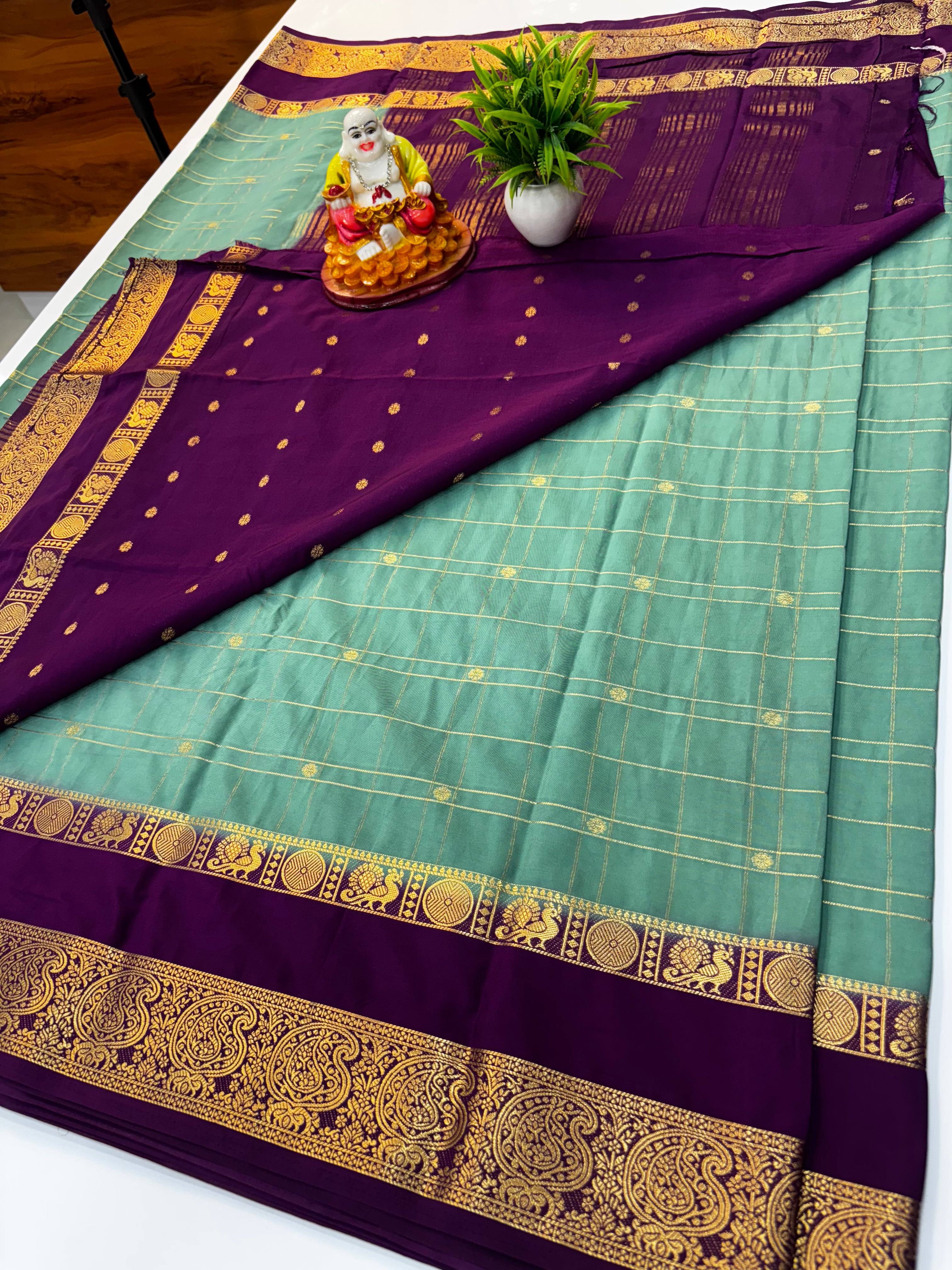 Premium Mysore Crepe Silk Saree with Chex Pattern &amp; Floral Buttas