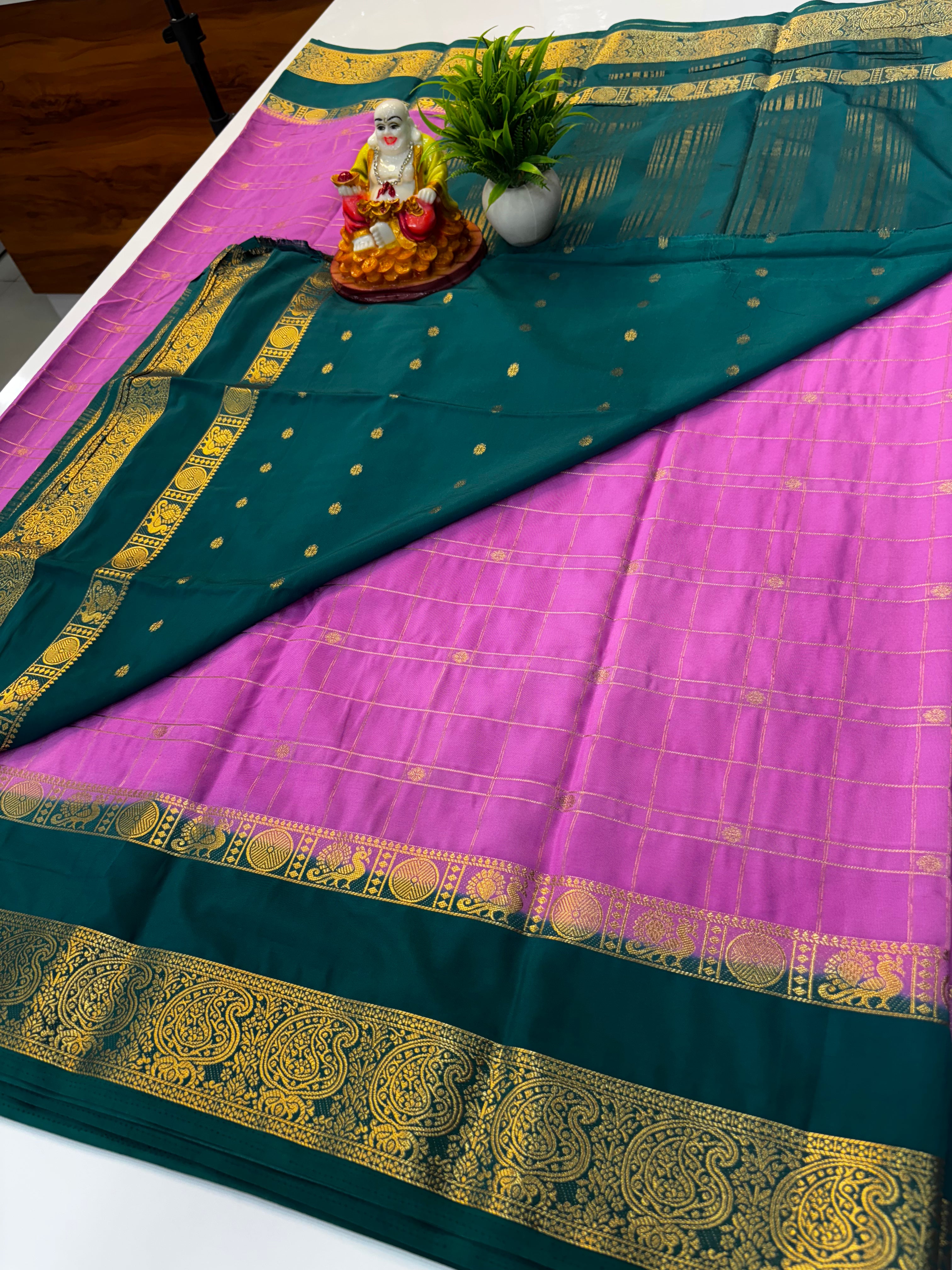 Premium Mysore Crepe Silk Saree with Chex Pattern &amp; Floral Buttas
