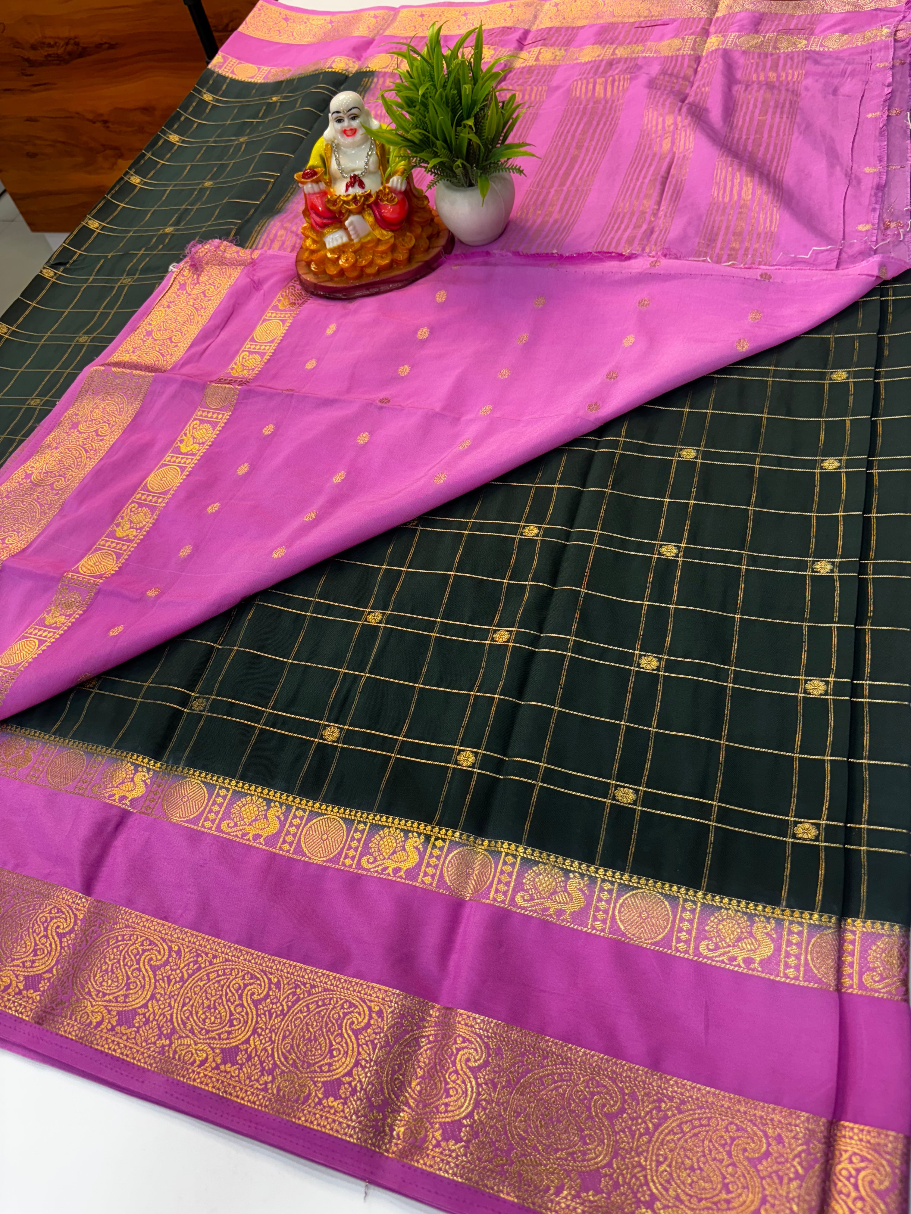 Premium Mysore Crepe Silk Saree with Chex Pattern &amp; Floral Buttas