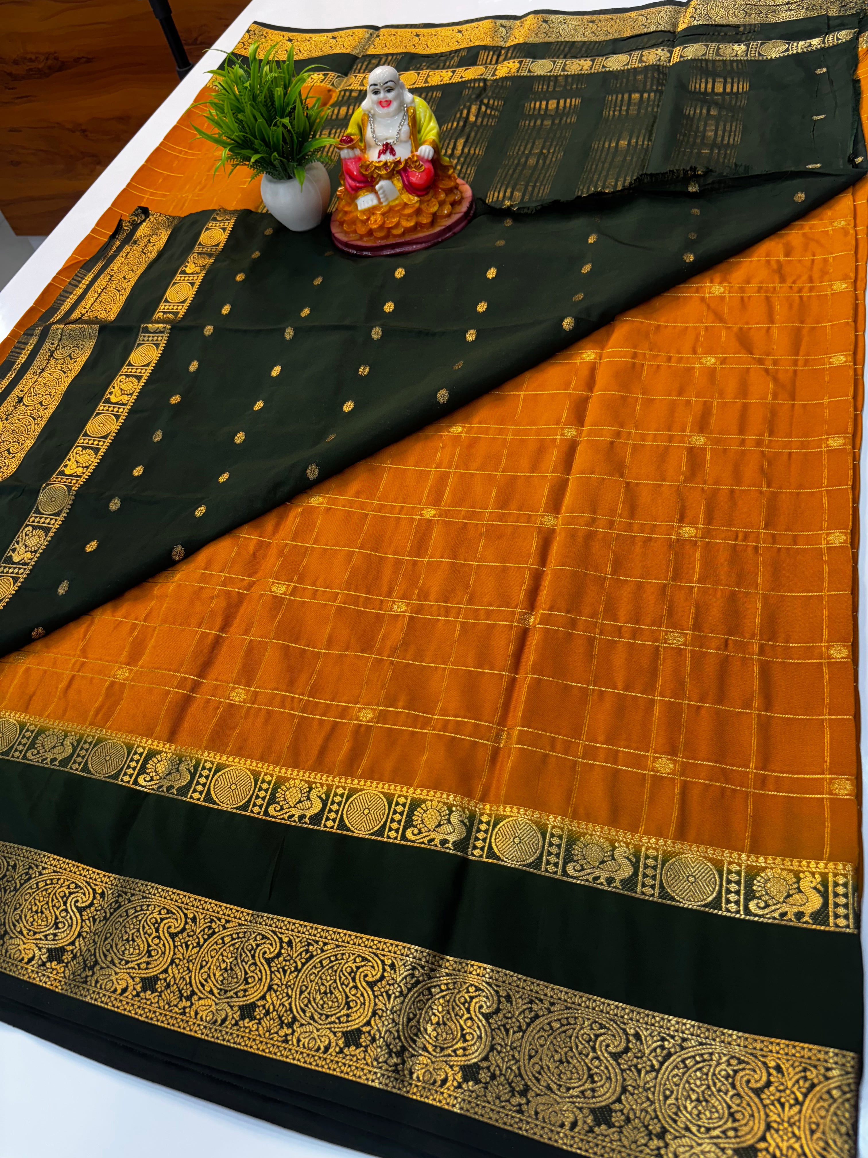 Premium Mysore Crepe Silk Saree with Chex Pattern &amp; Floral Buttas
