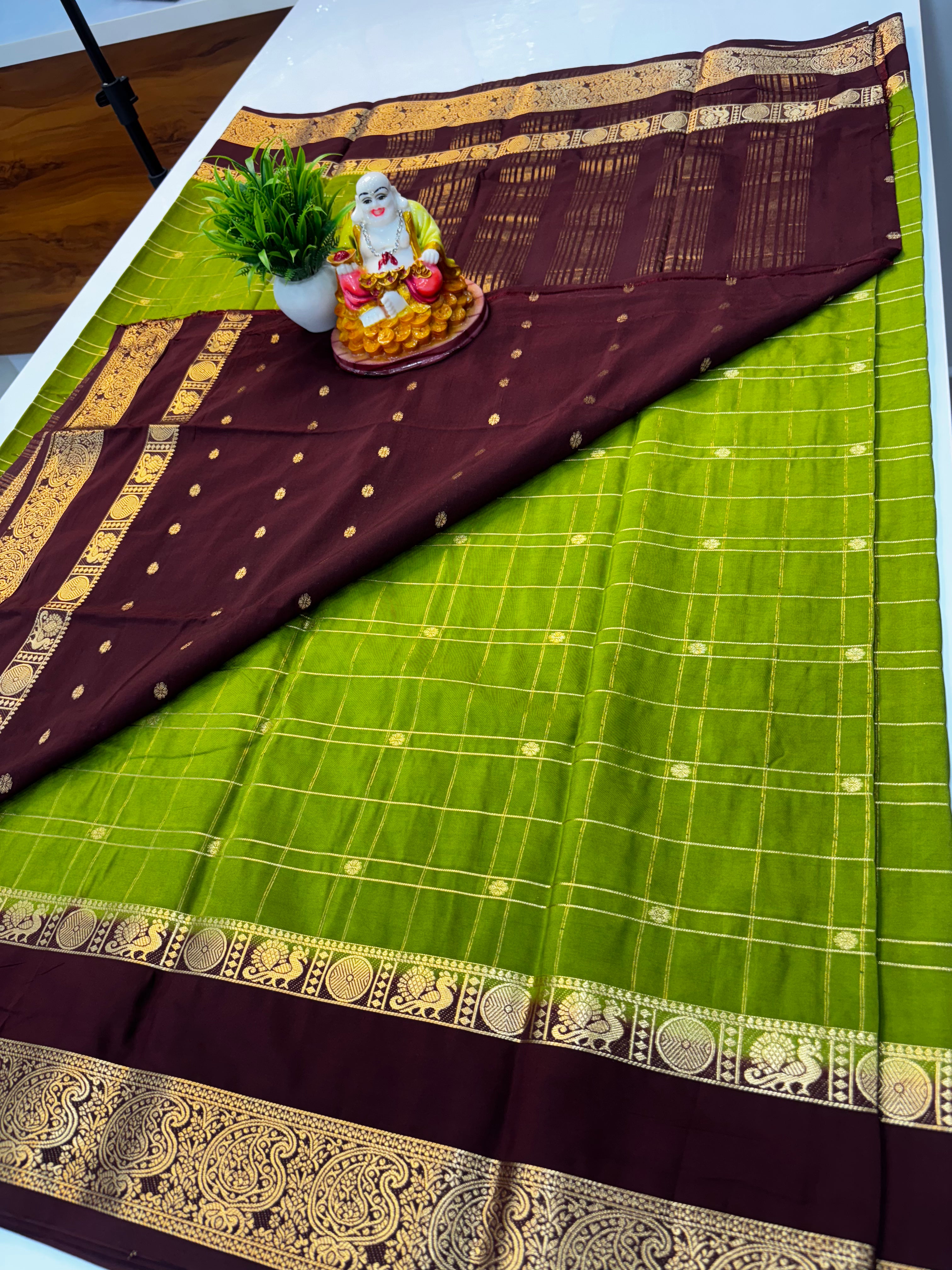 Premium Mysore Crepe Silk Saree with Chex Pattern &amp; Floral Buttas