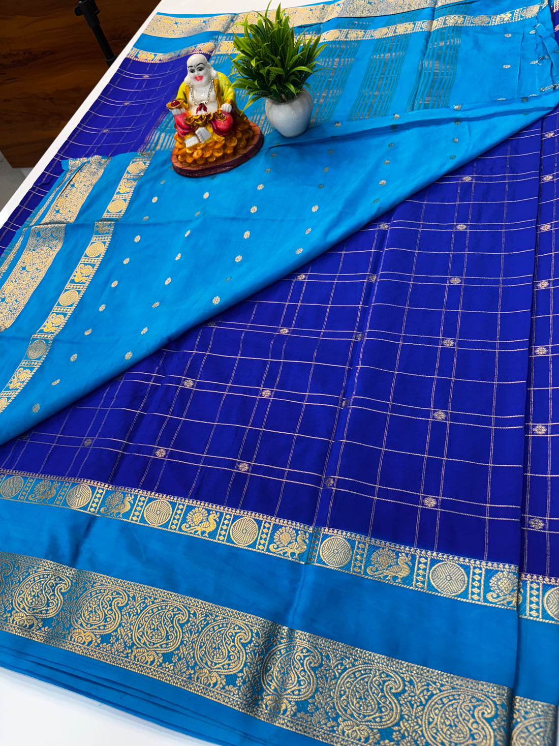 Premium Mysore Crepe Silk Saree with Chex Pattern &amp; Floral Buttas