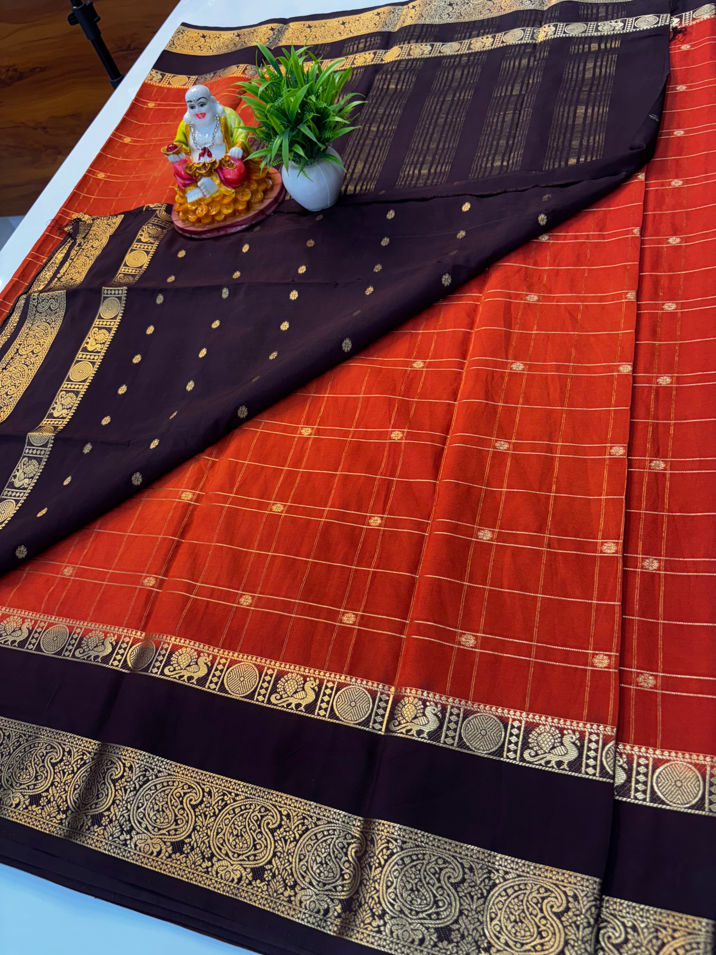 Premium Mysore Crepe Silk Saree with Chex Pattern &amp; Floral Buttas