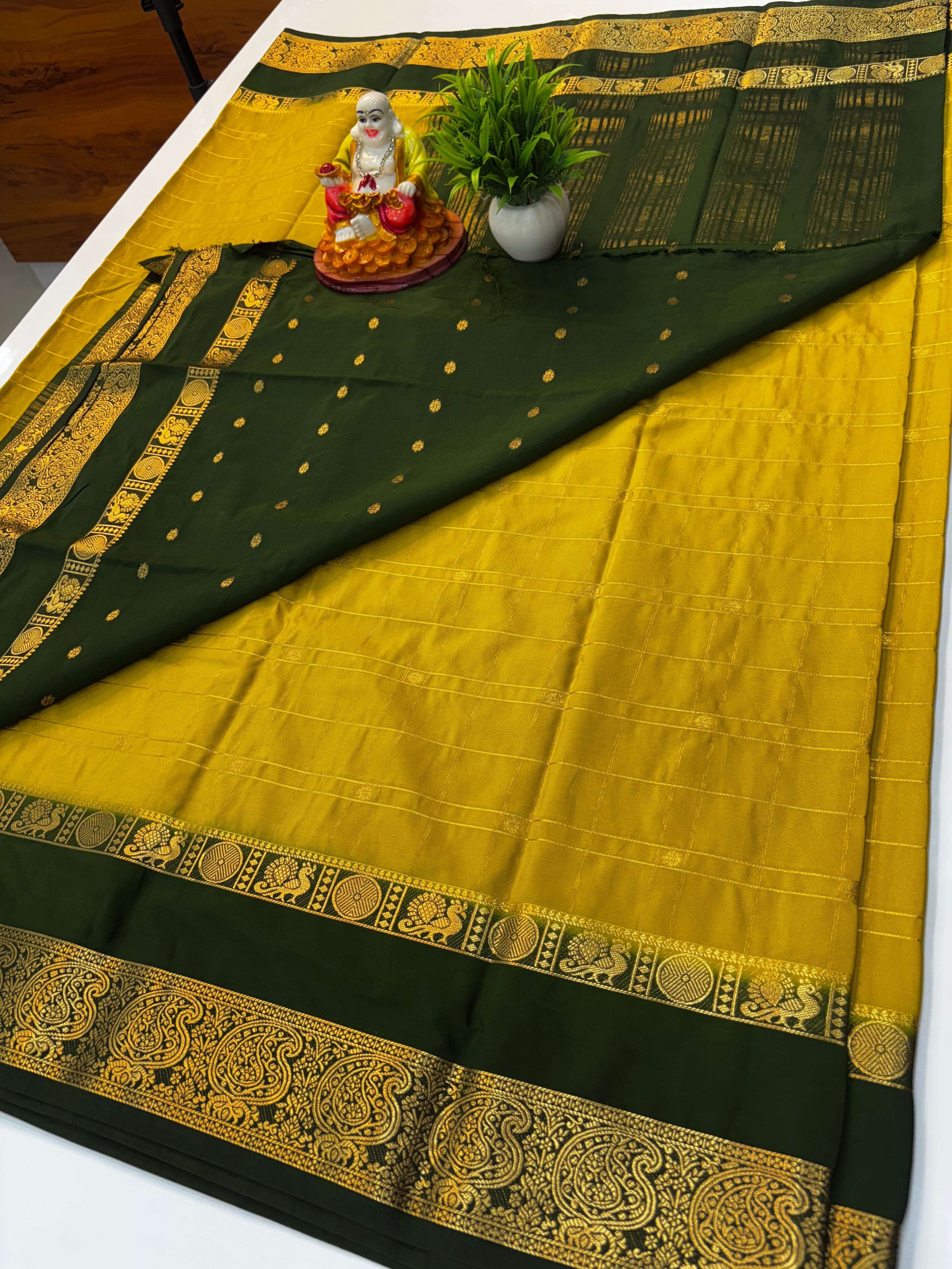 Premium Mysore Crepe Silk Saree with Chex Pattern &amp; Floral Buttas