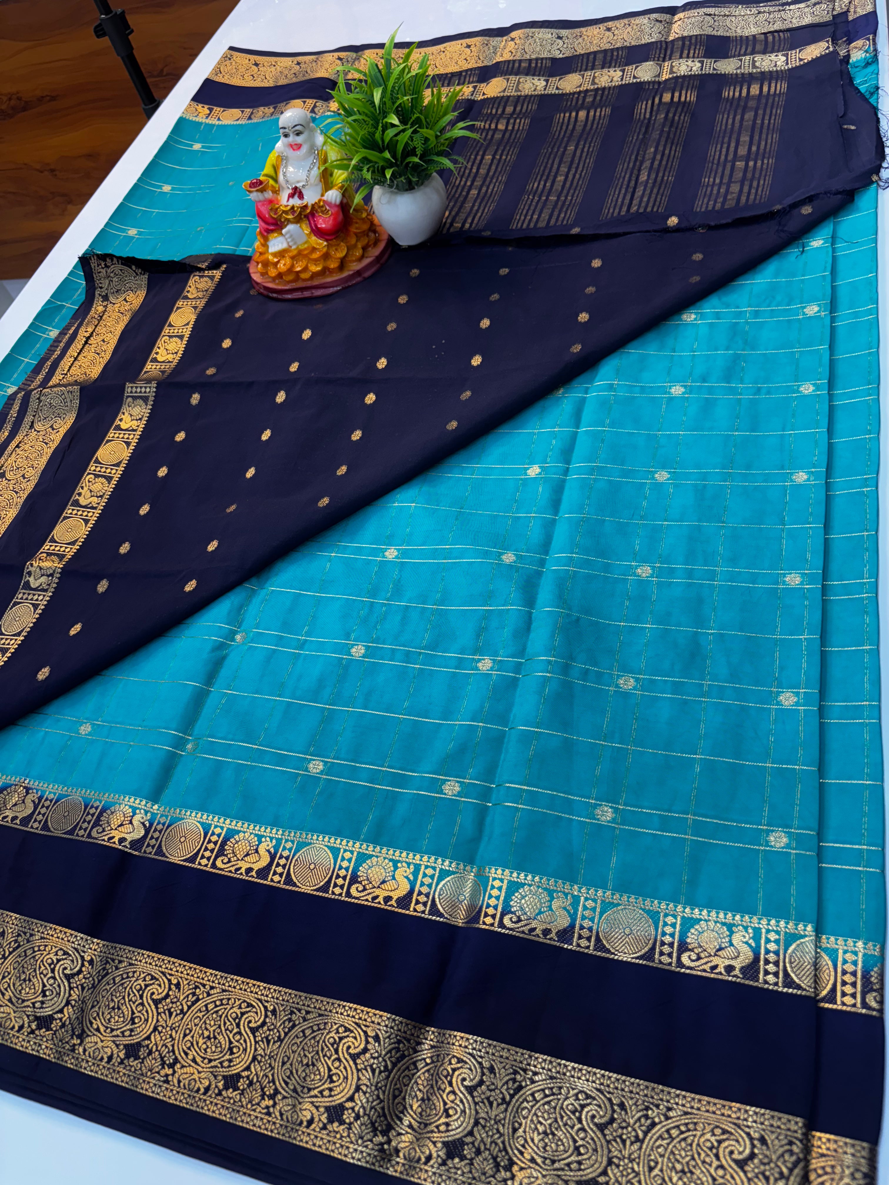 Premium Mysore Crepe Silk Saree with Chex Pattern &amp; Floral Buttas
