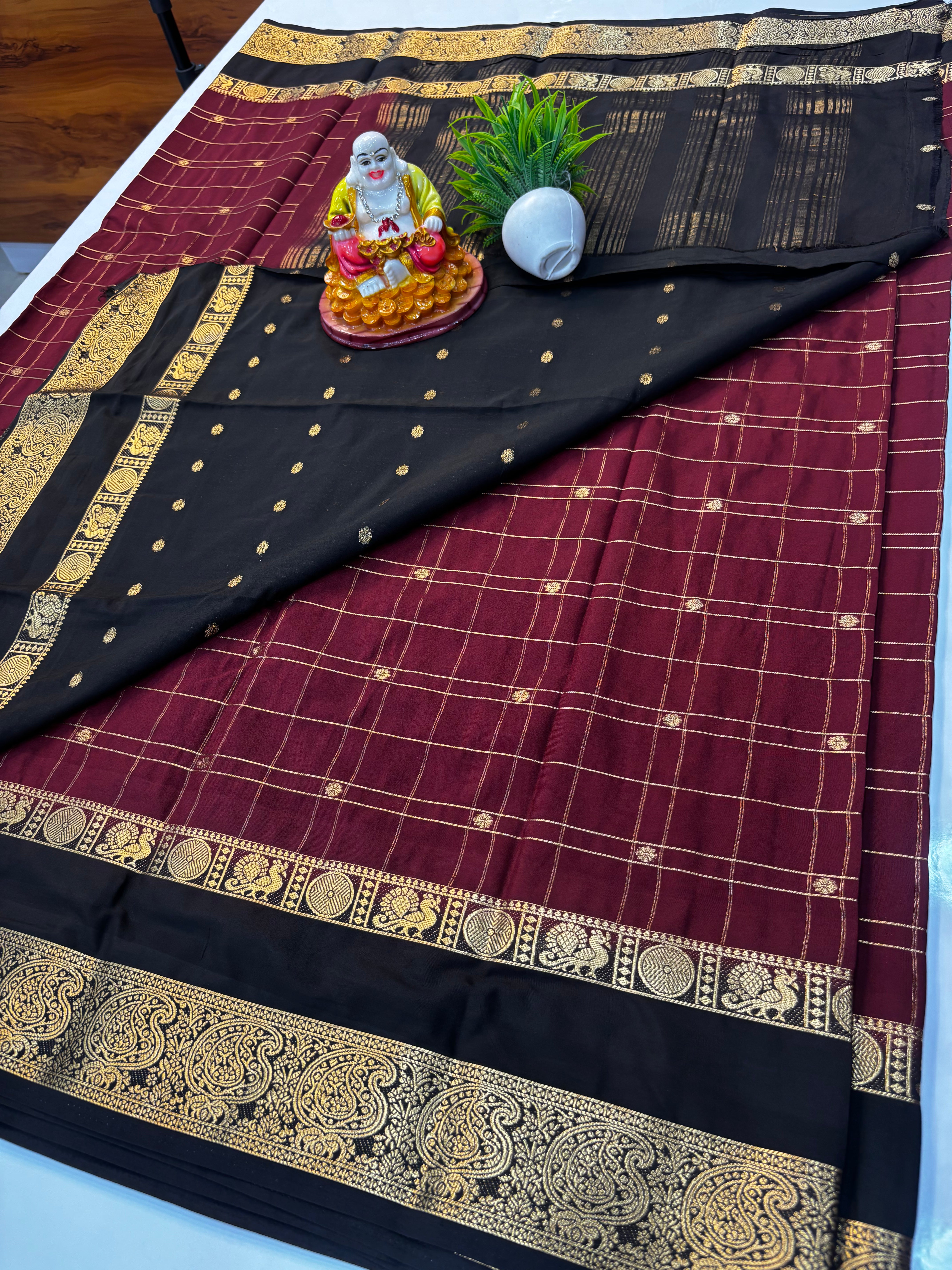 Premium Mysore Crepe Silk Saree with Chex Pattern &amp; Floral Buttas