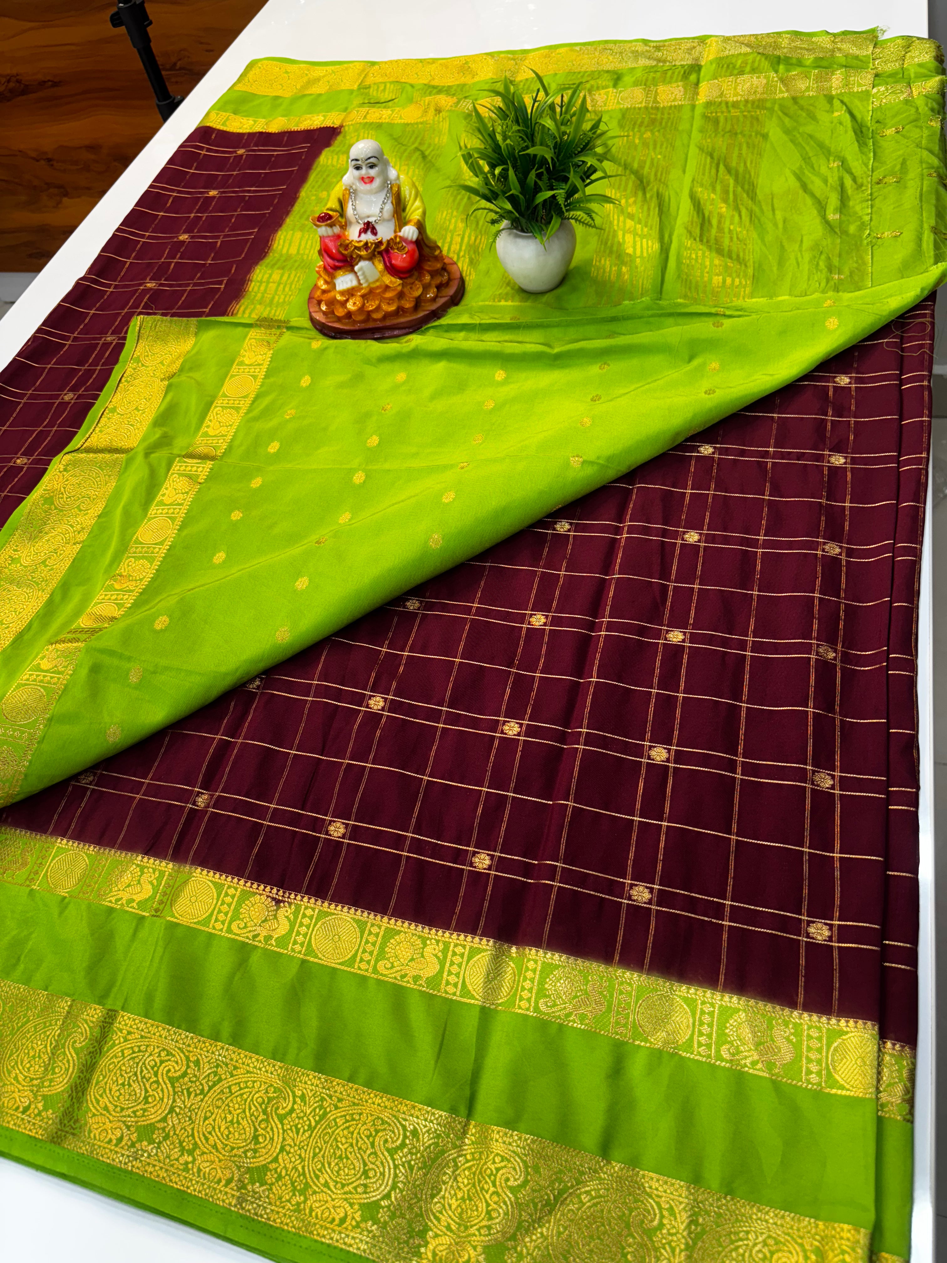 Premium Mysore Crepe Silk Saree with Chex Pattern &amp; Floral Buttas