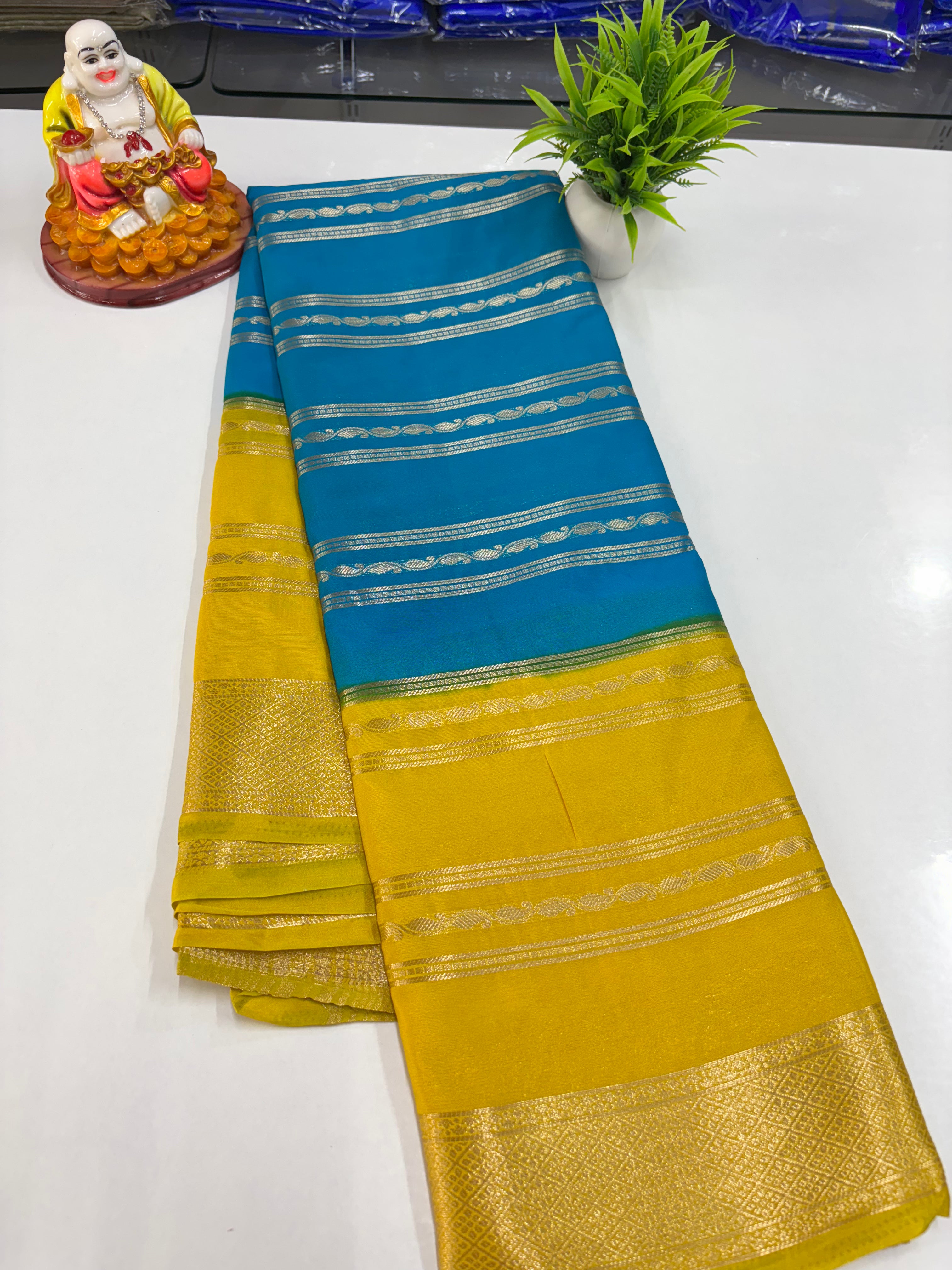 Elegant 2D Semi Crepe Saree with Small Mango Stripes – Padmavathi Silks and Sarees