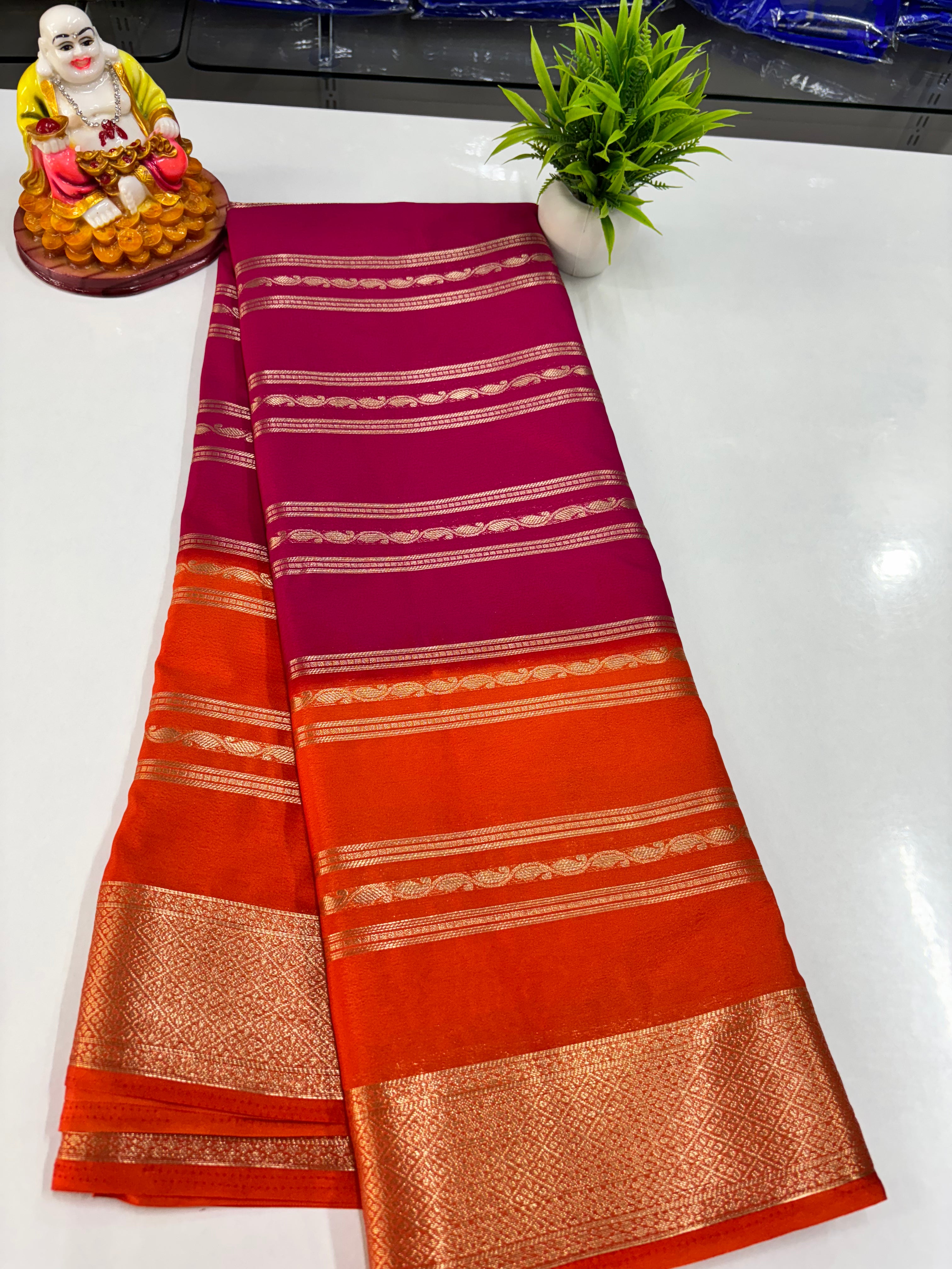 Elegant 2D Semi Crepe Saree with Small Mango Stripes – Padmavathi Silks and Sarees