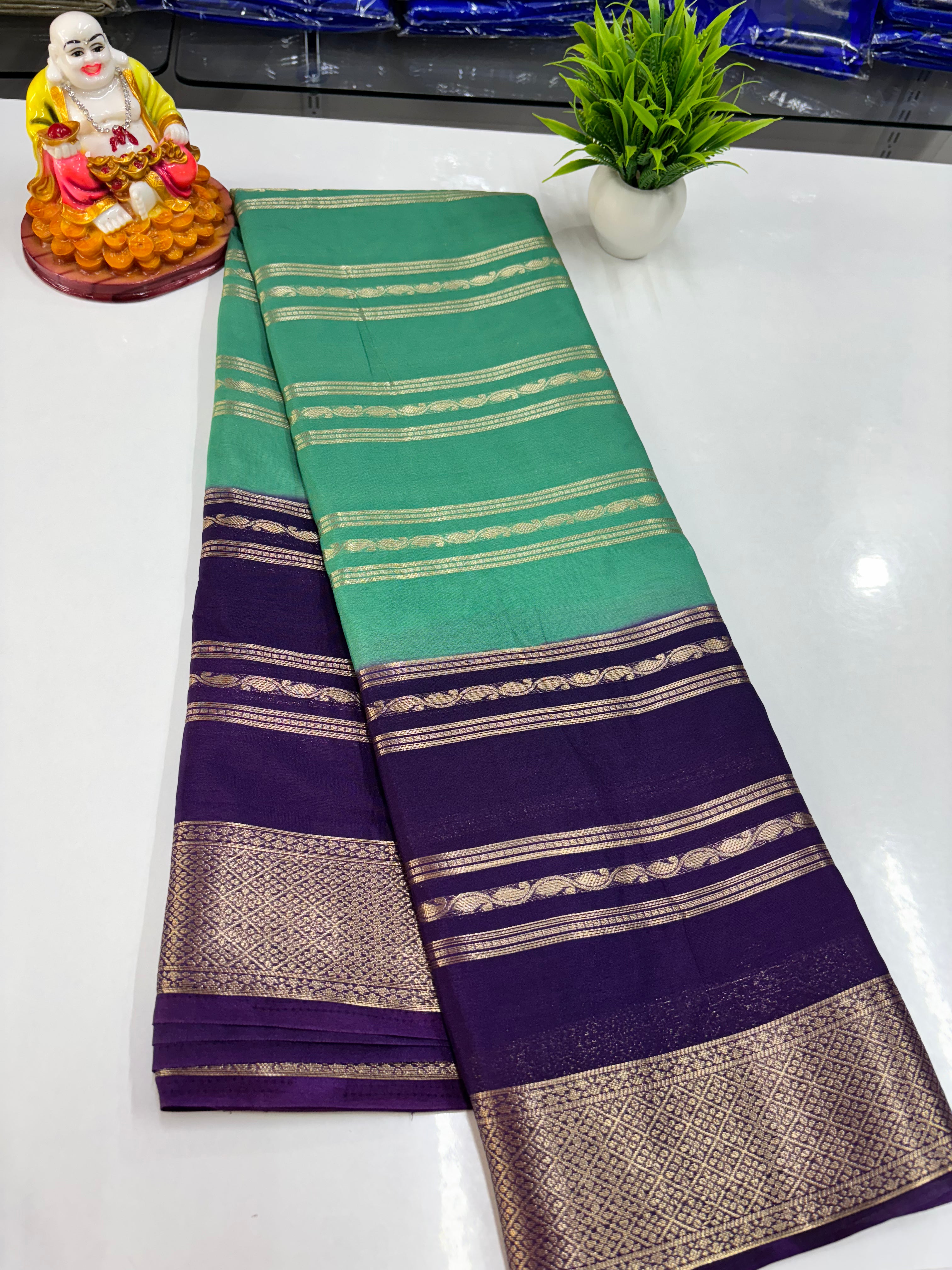 Elegant 2D Semi Crepe Saree with Small Mango Stripes – Padmavathi Silks and Sarees