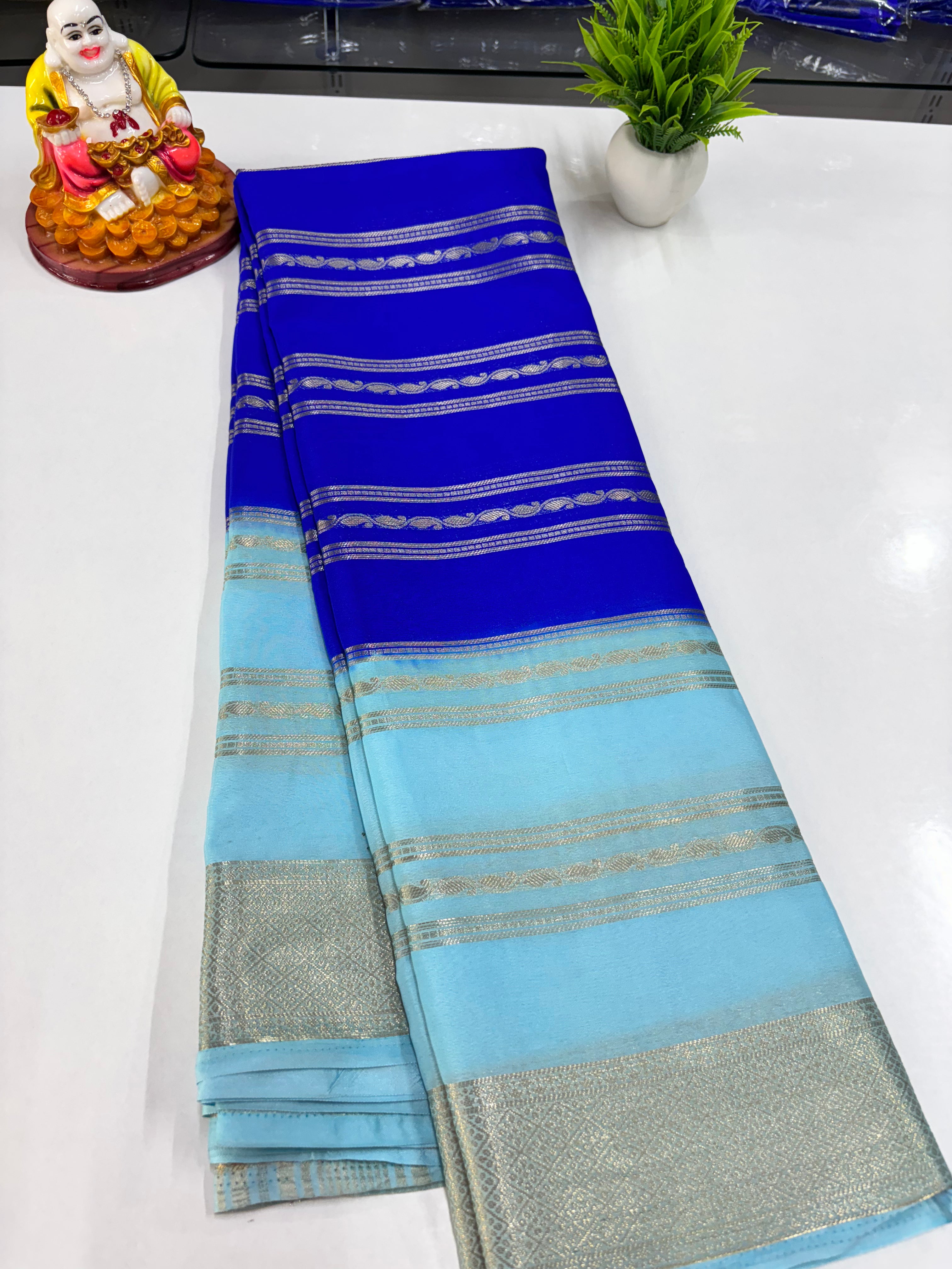 Elegant 2D Semi Crepe Saree with Small Mango Stripes – Padmavathi Silks and Sarees
