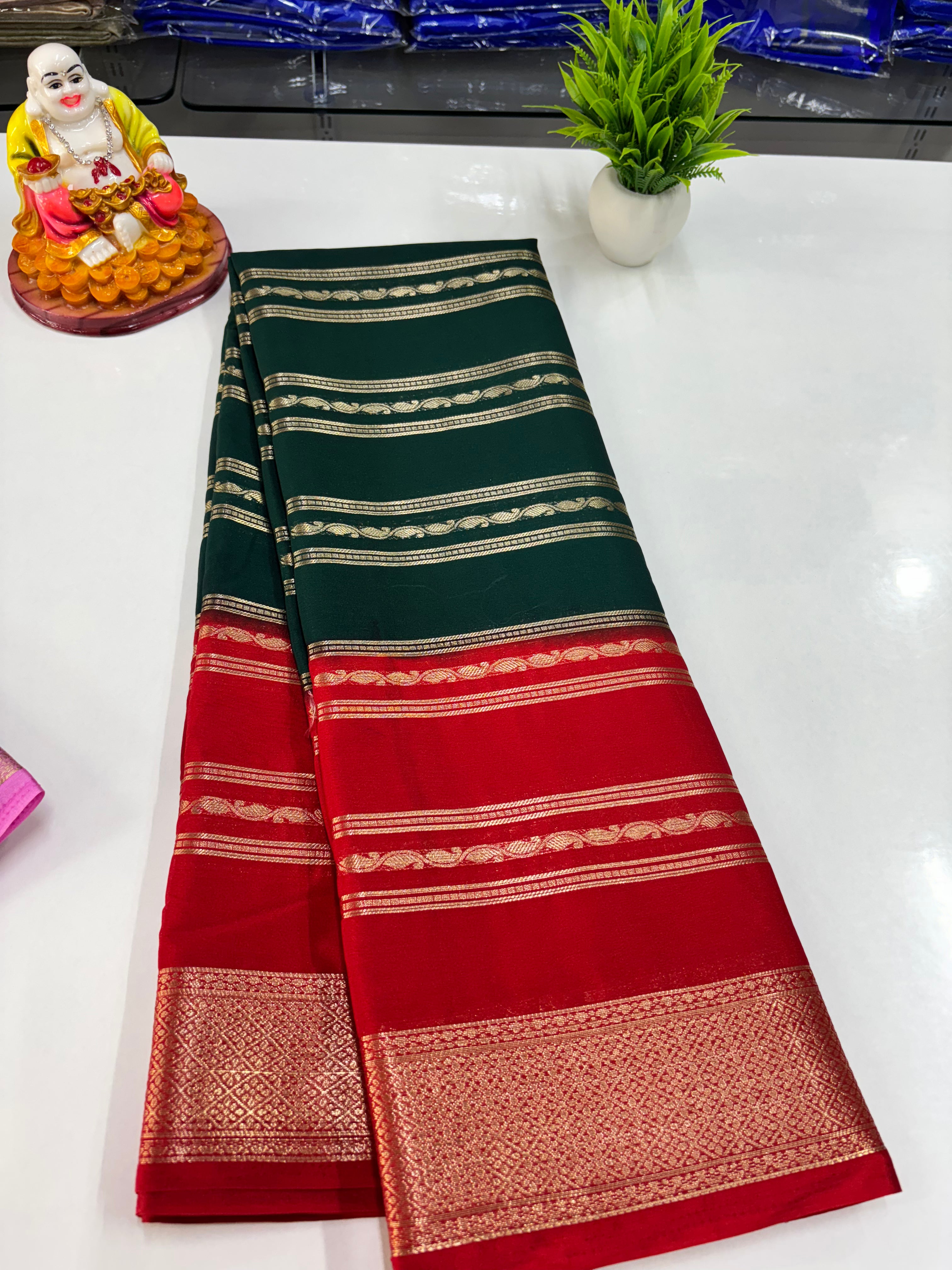 Elegant 2D Semi Crepe Saree with Small Mango Stripes – Padmavathi Silks and Sarees