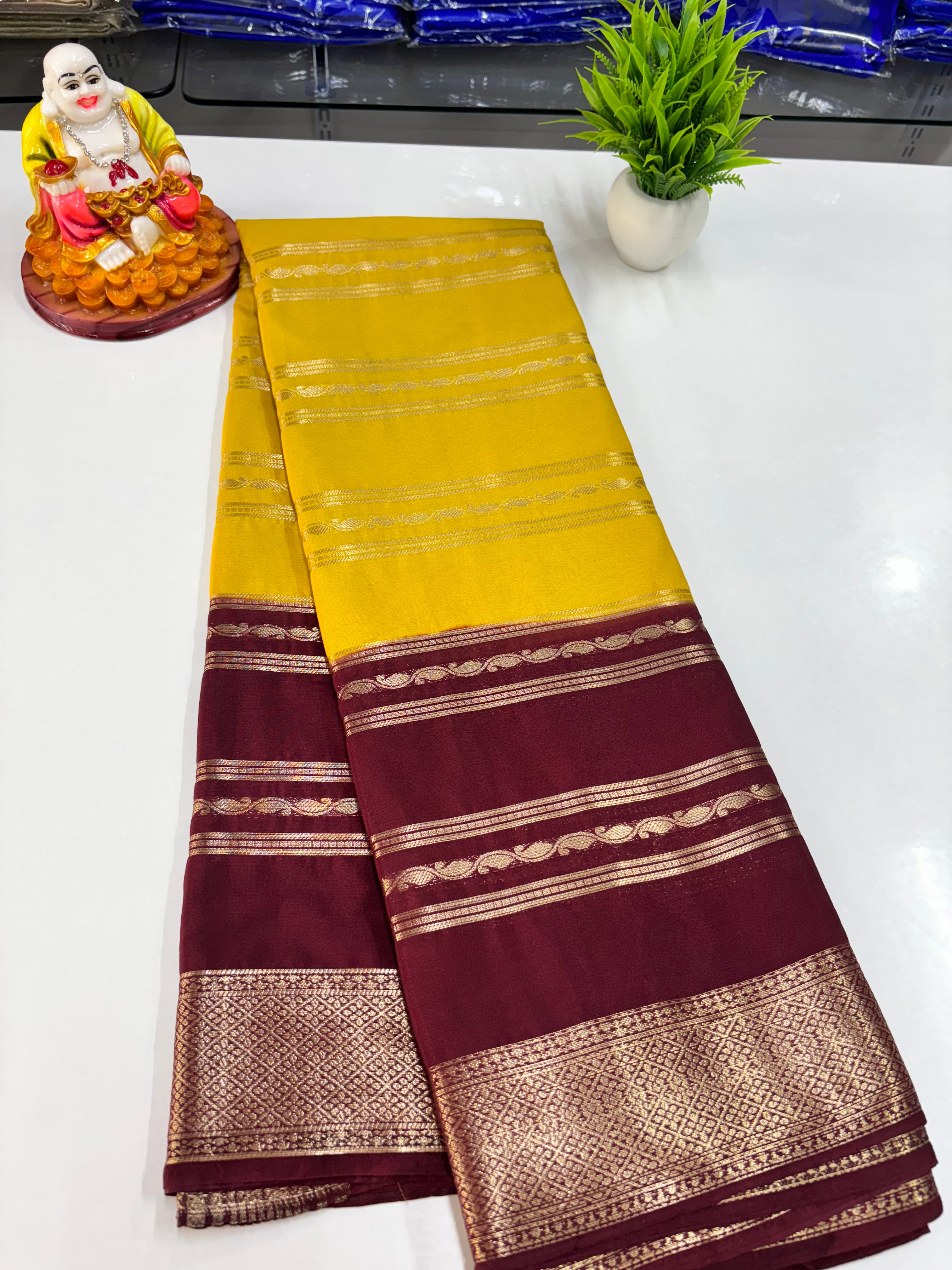 Elegant 2D Semi Crepe Saree with Small Mango Stripes – Padmavathi Silks and Sarees