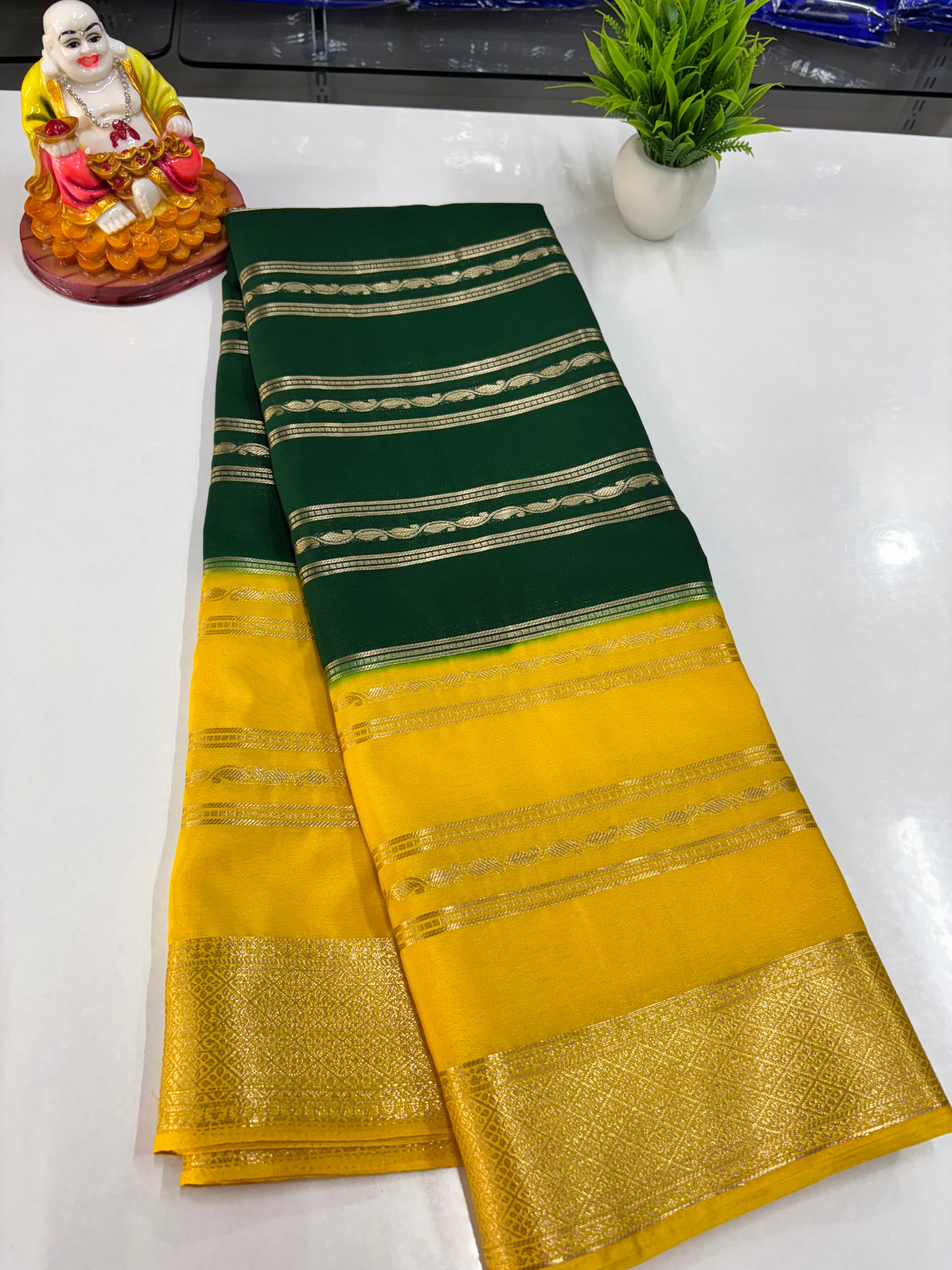 Elegant 2D Semi Crepe Saree with Small Mango Stripes – Padmavathi Silks and Sarees