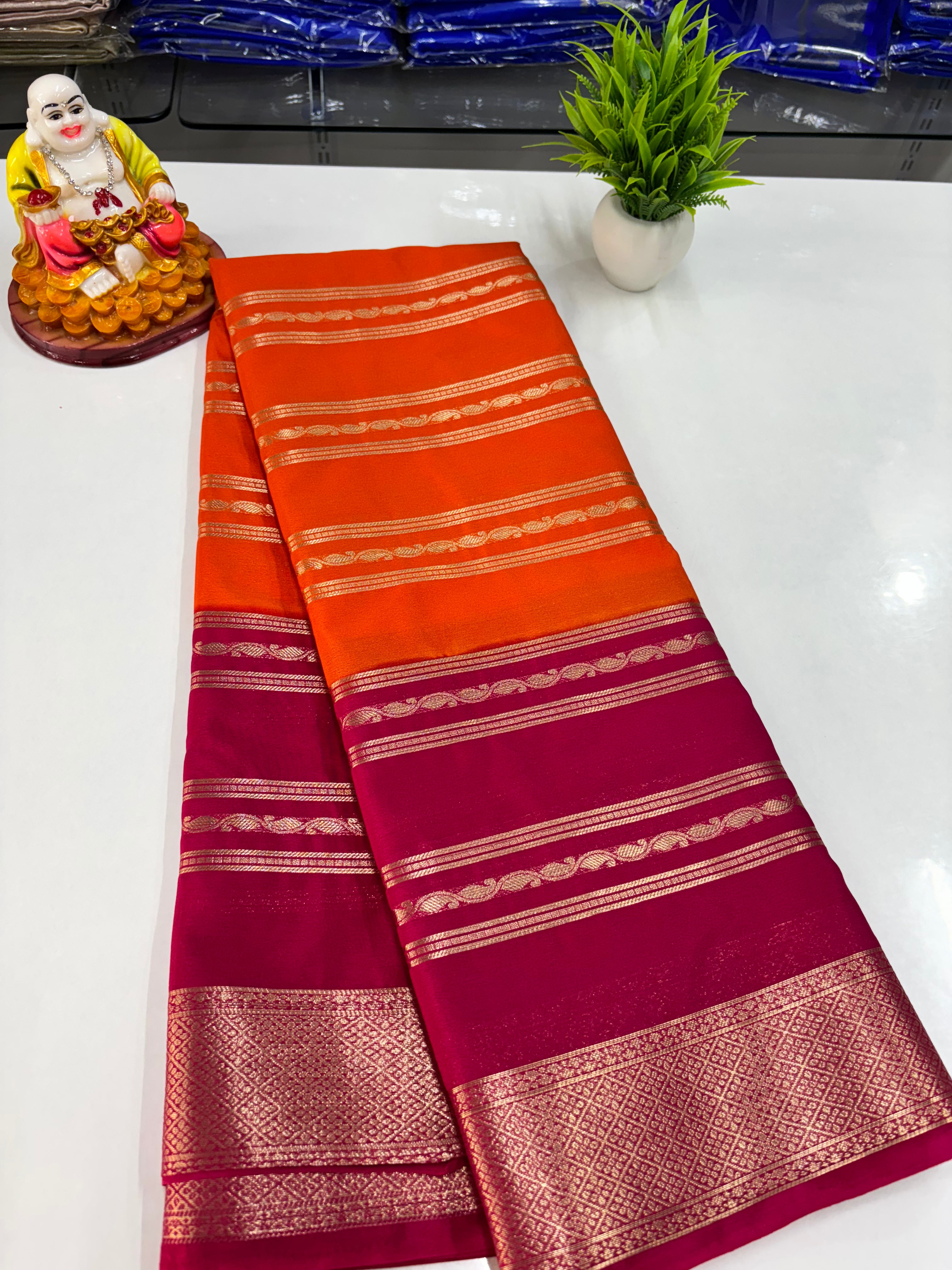 Elegant 2D Semi Crepe Saree with Small Mango Stripes – Padmavathi Silks and Sarees