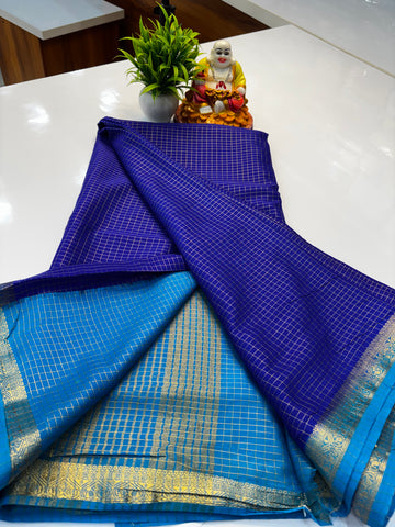 Mysore Crepe Silk Saree with Checks Pattern & Contrast Border