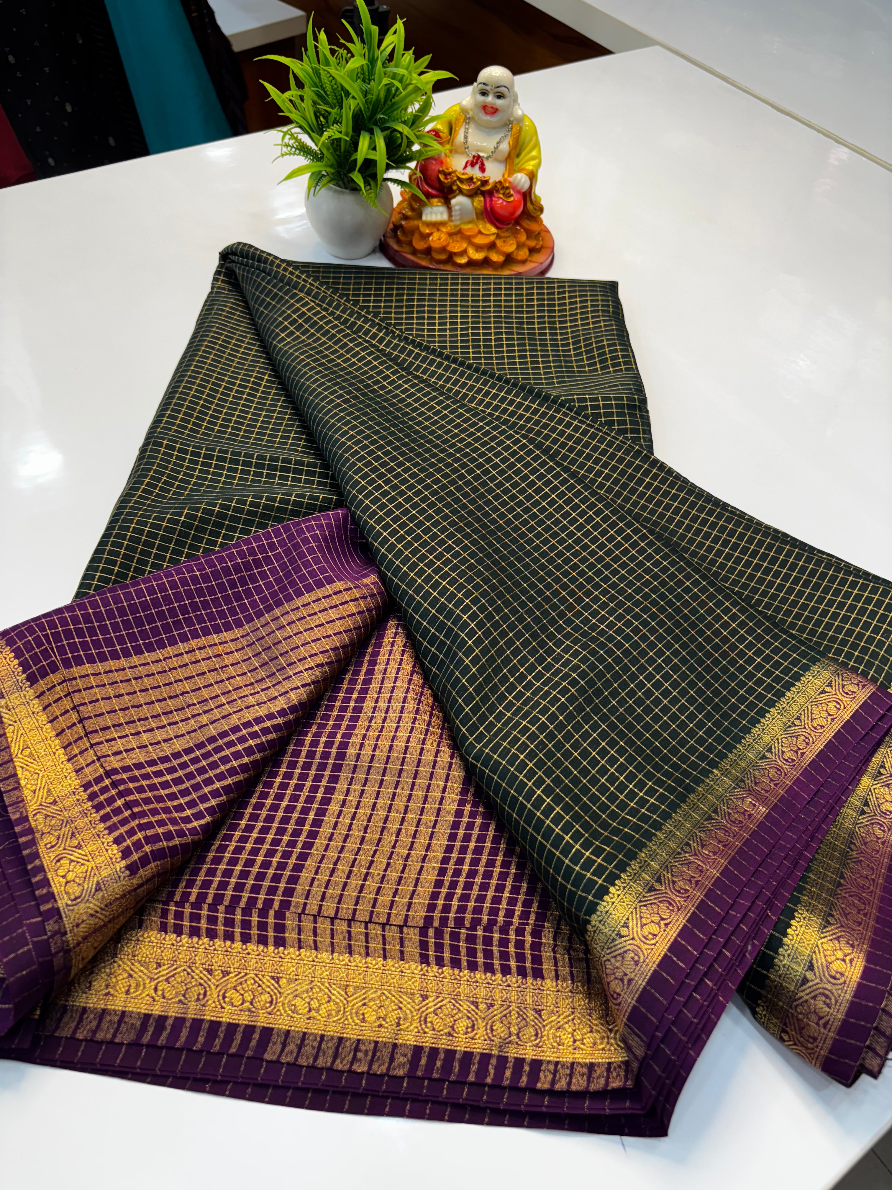 Mysore Crepe Silk Saree with Checks Pattern & Contrast Border