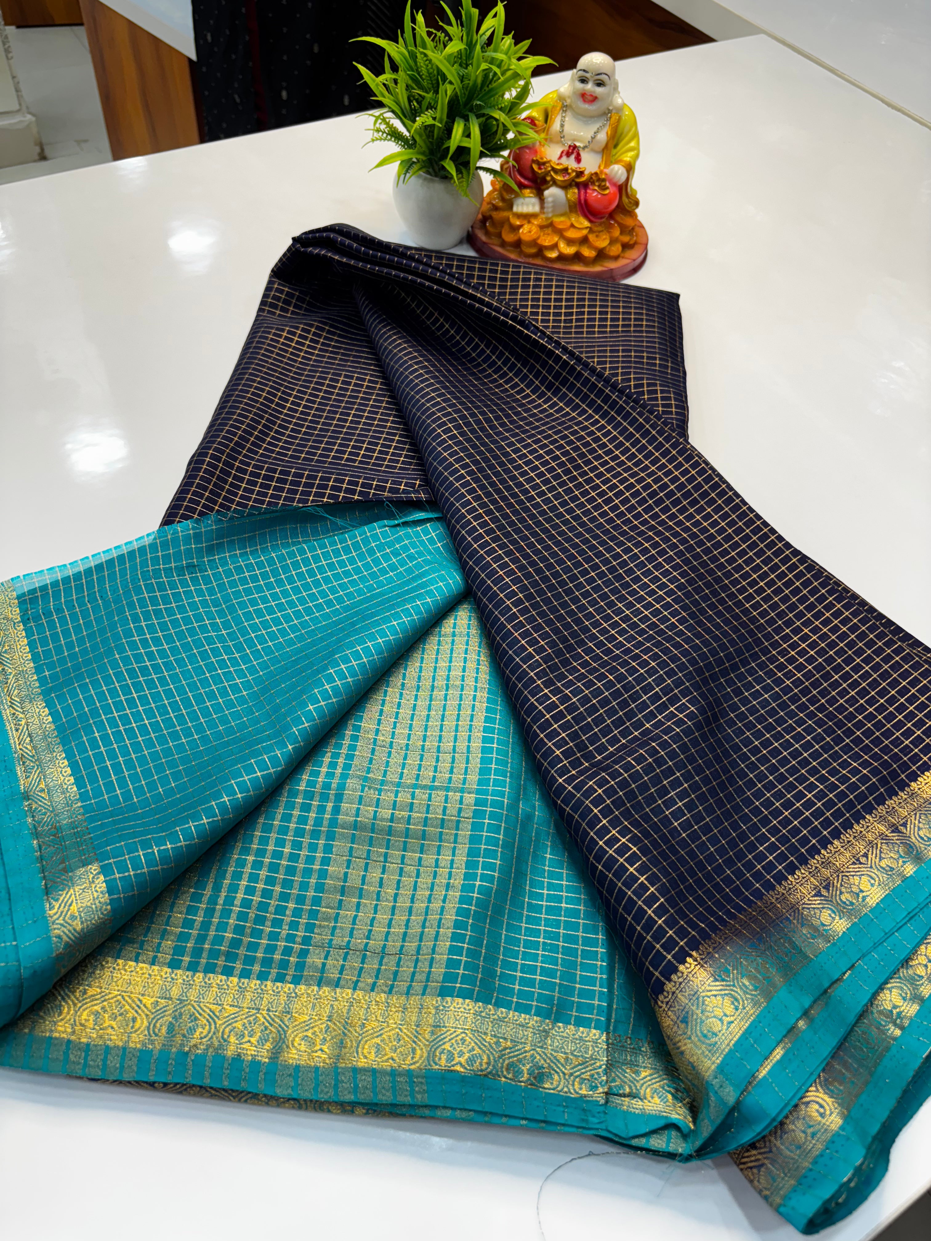 Mysore Crepe Silk Saree with Checks Pattern & Contrast Border