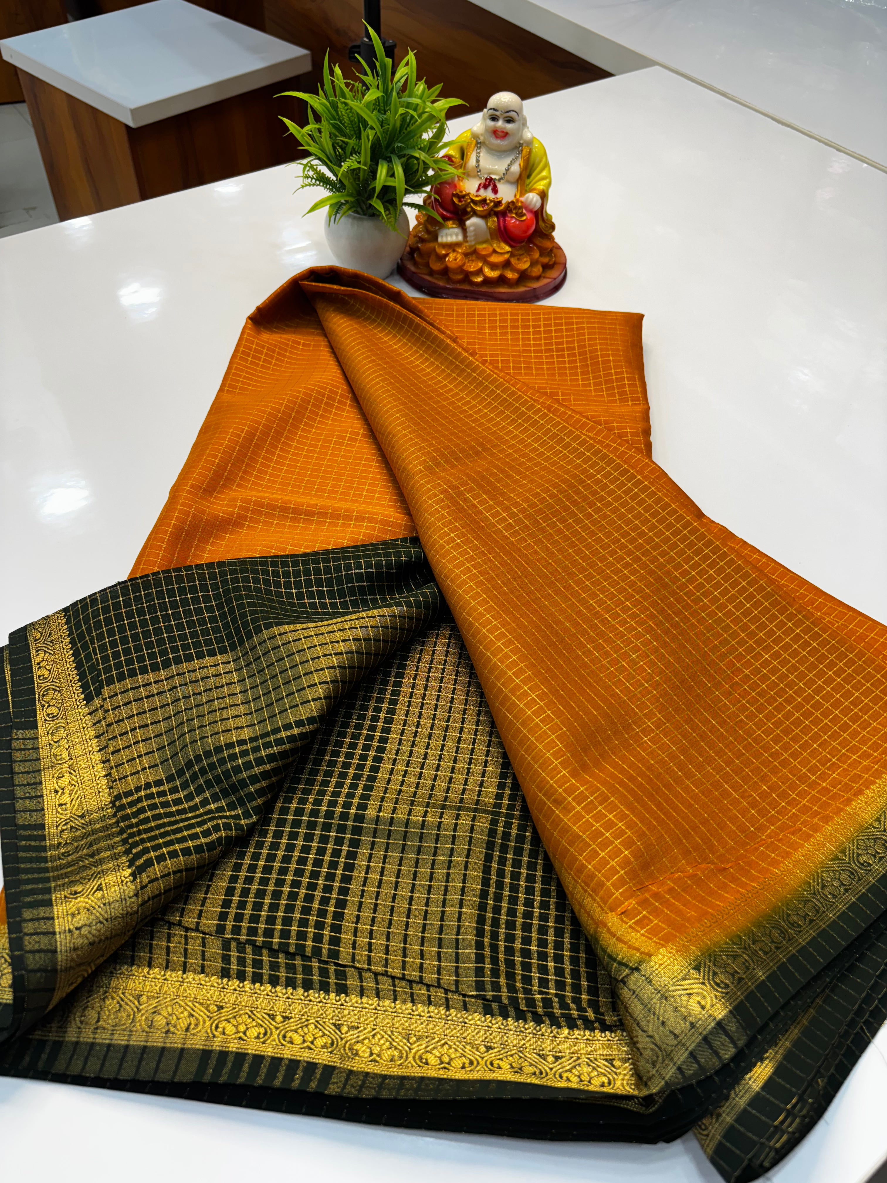 Mysore Crepe Silk Saree with Checks Pattern & Contrast Border