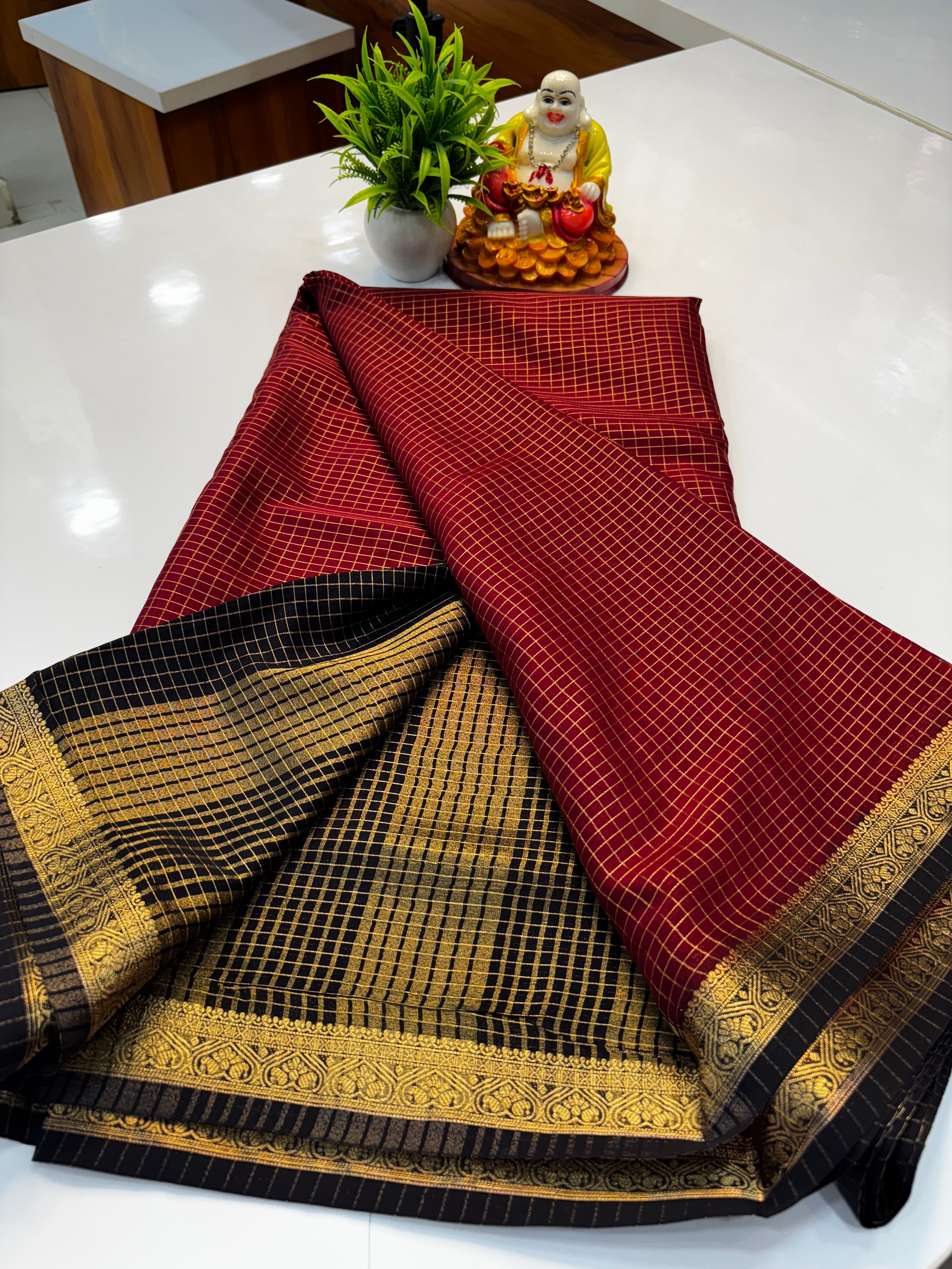 Mysore Crepe Silk Saree with Checks Pattern & Contrast Border