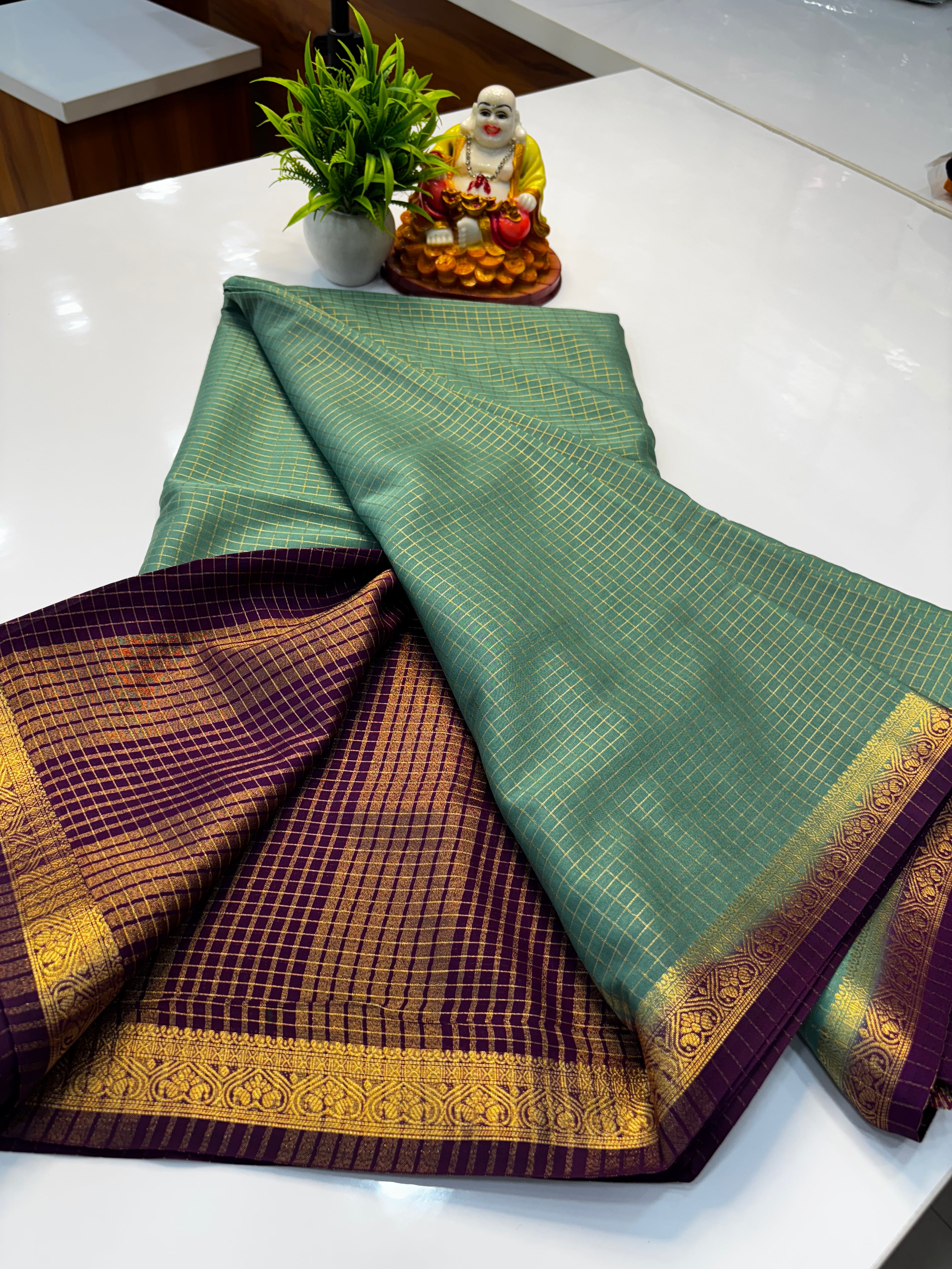Mysore Crepe Silk Saree with Checks Pattern & Contrast Border