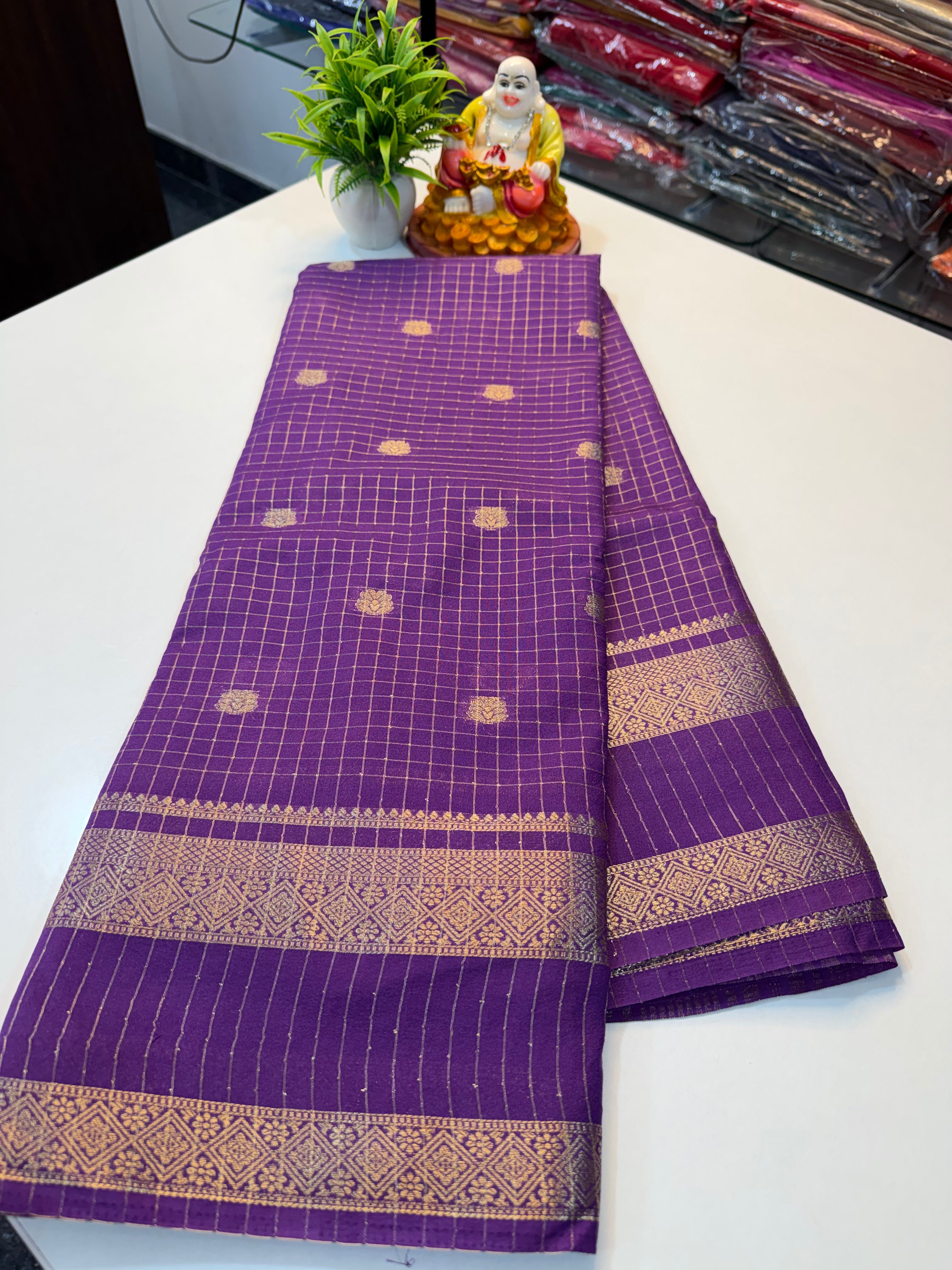 Mysore Crepe Silk Saree with Checks, Buttas &amp; Rich Pallu..