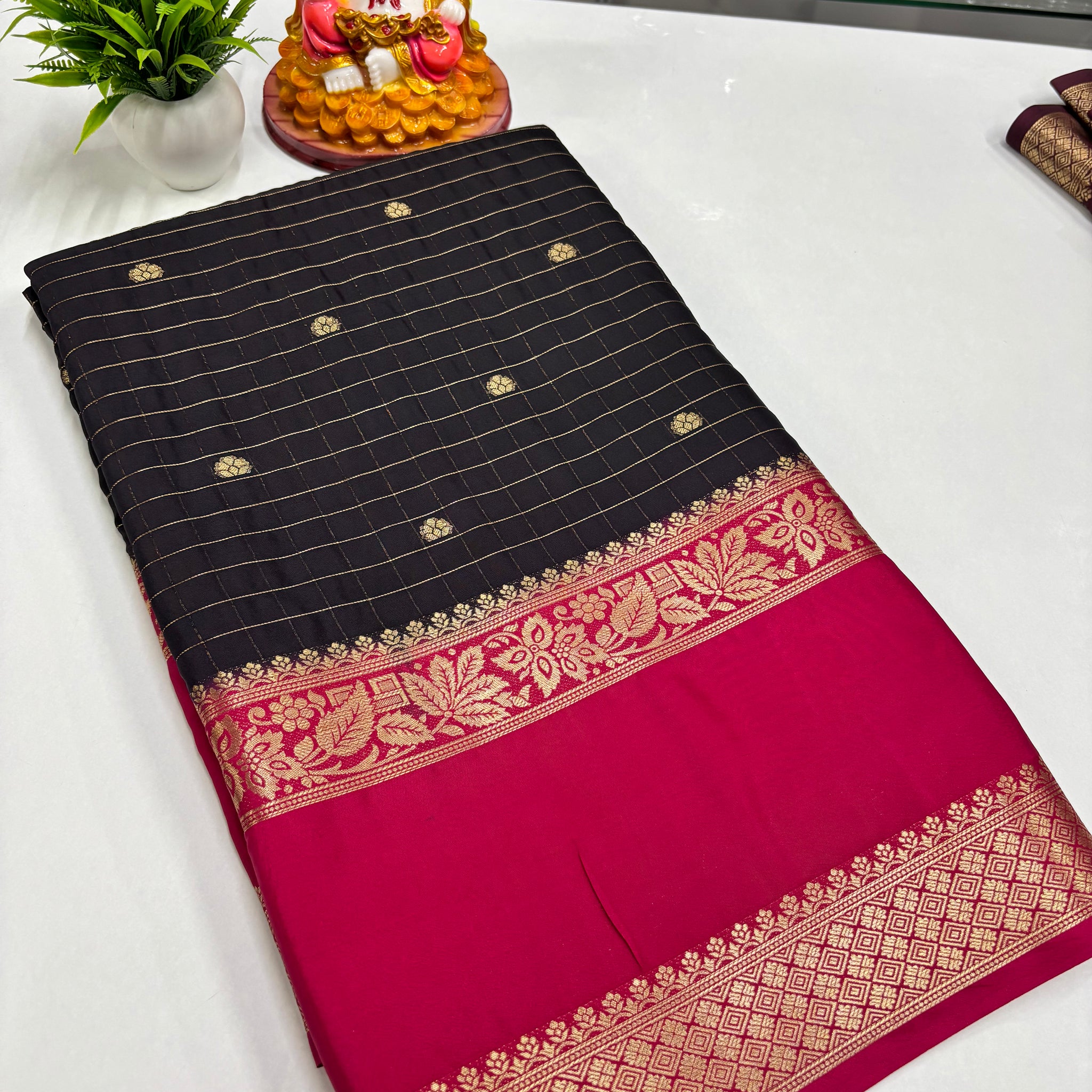 Elegant Semi Crepe Saree with Butta and Checks – Padmavathi Silks and Sarees