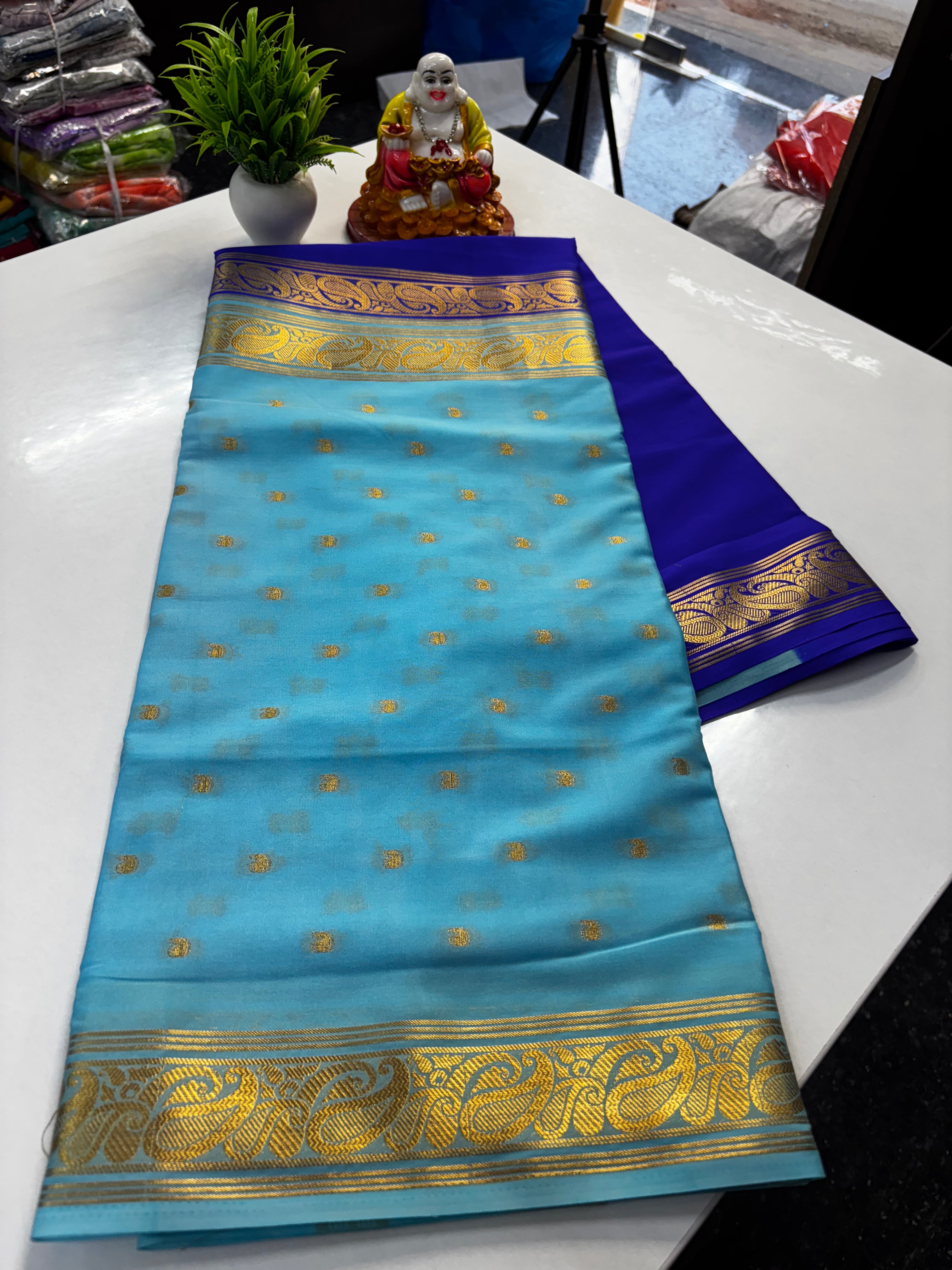 Beautiful Half & Half Pattern Mysore Crepe Silk Saree with Rich Pallu