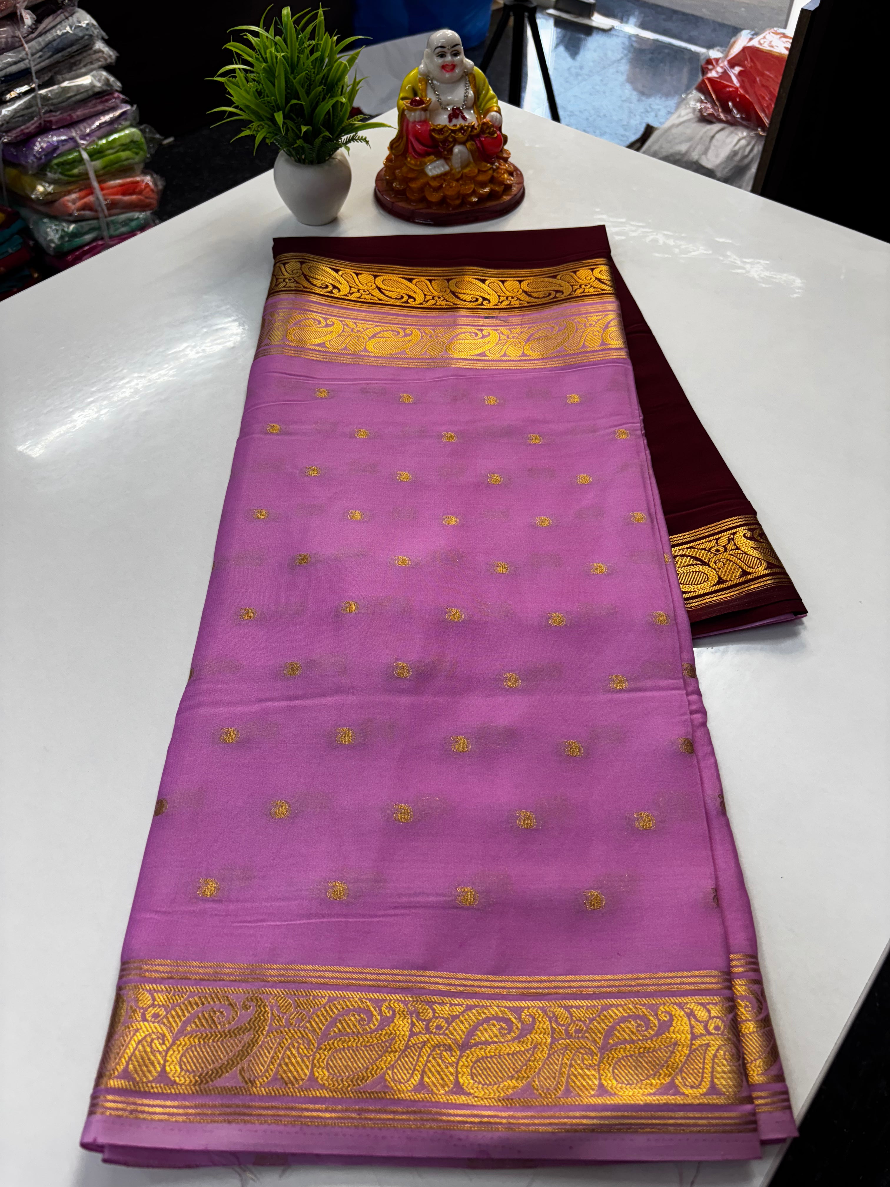 Beautiful Half & Half Pattern Mysore Crepe Silk Saree with Rich Pallu
