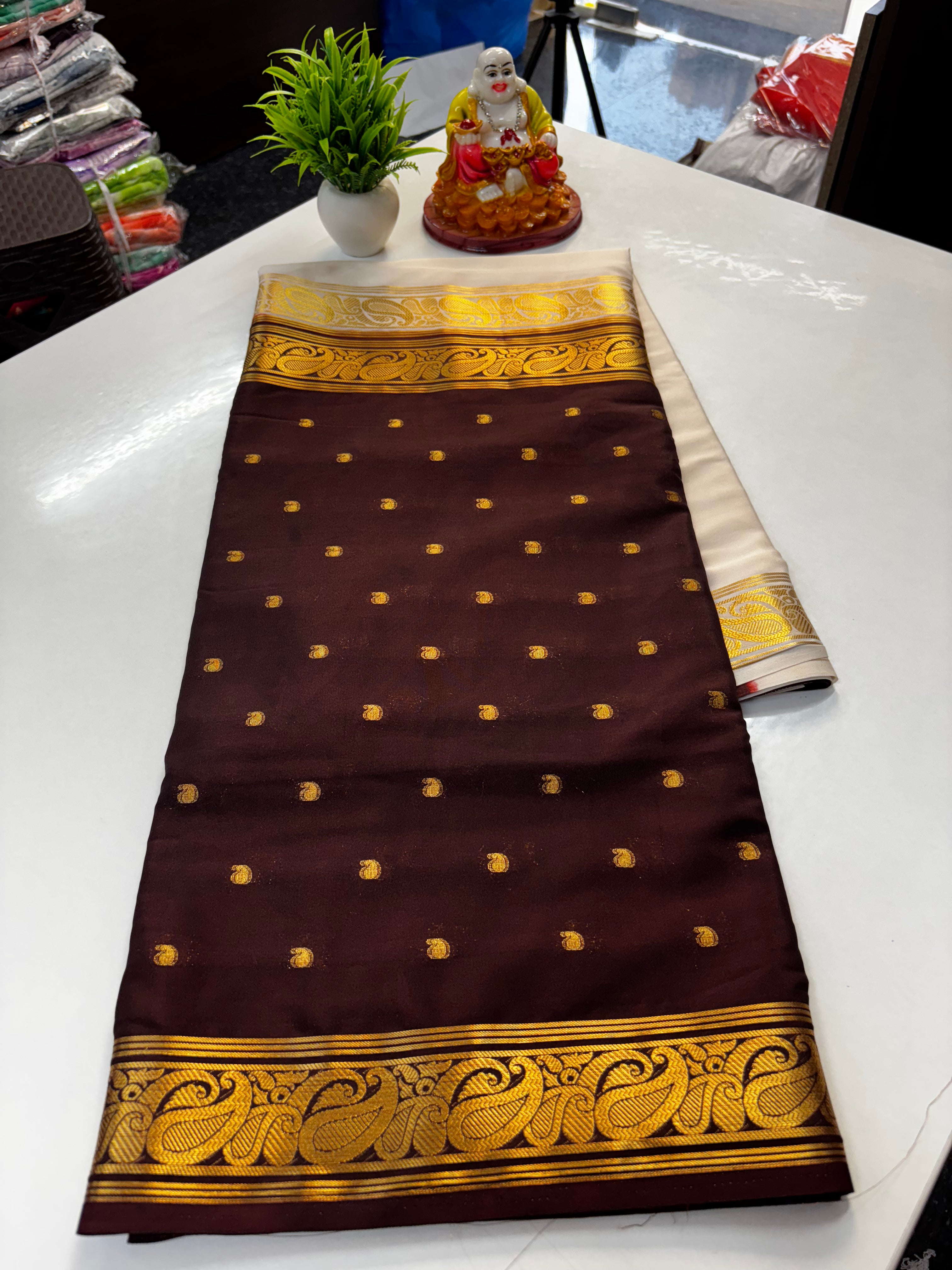 Beautiful Half & Half Pattern Mysore Crepe Silk Saree with Rich Pallu