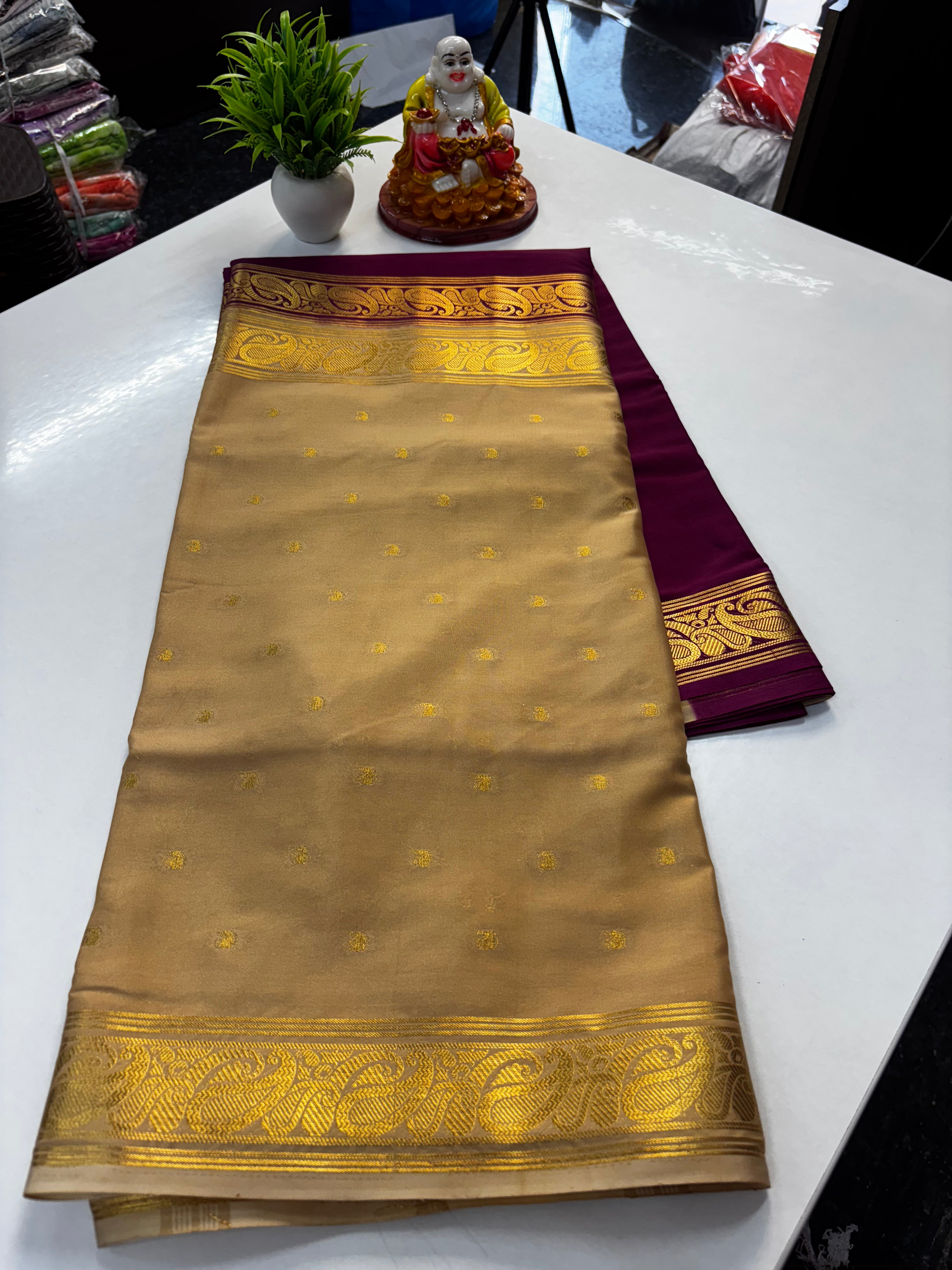 Beautiful Half & Half Pattern Mysore Crepe Silk Saree with Rich Pallu