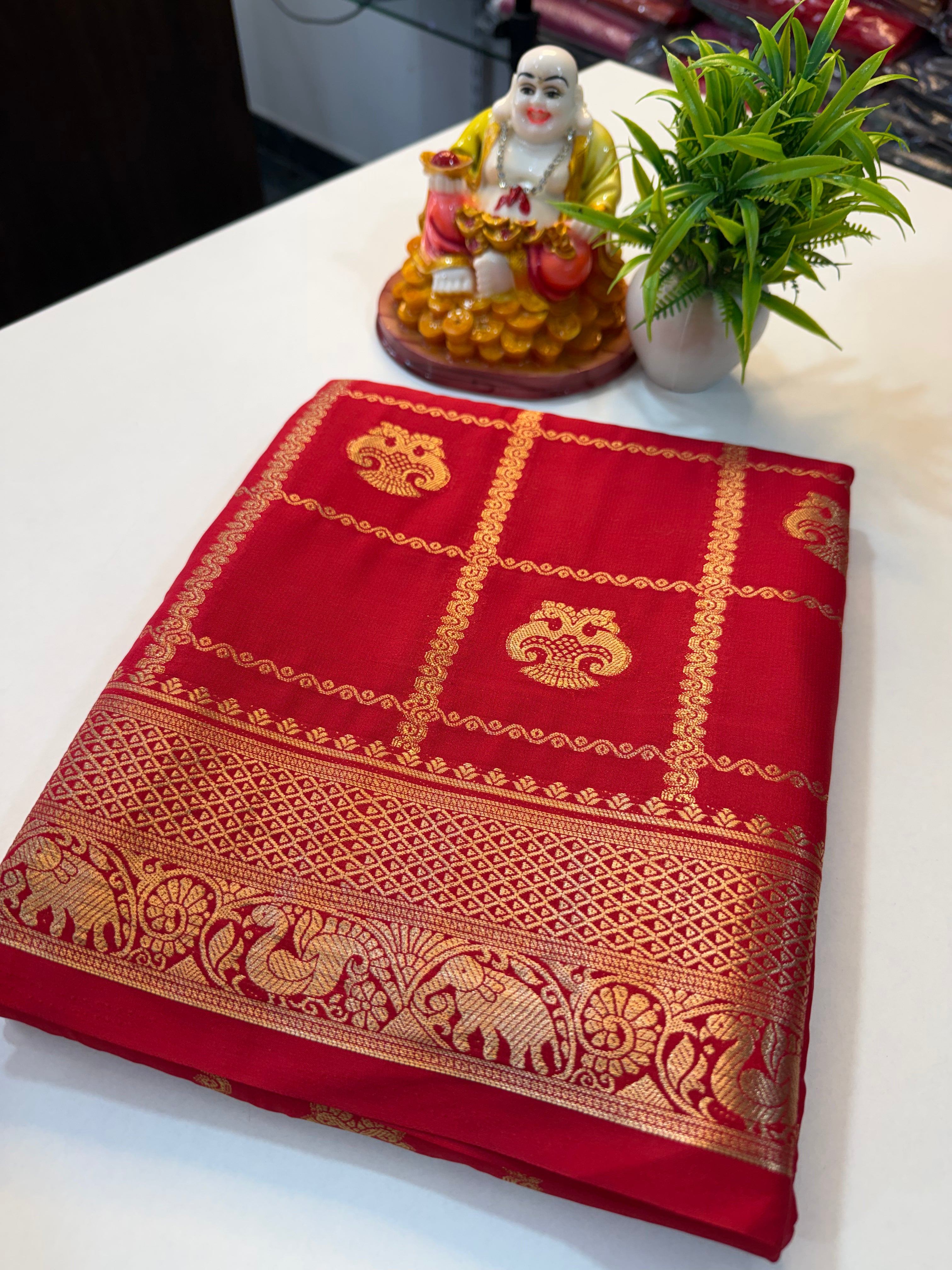 Premium Ganda Berunda Checks Saree with Rich Pallu & Butta Blouse...mysore crape silk saree…